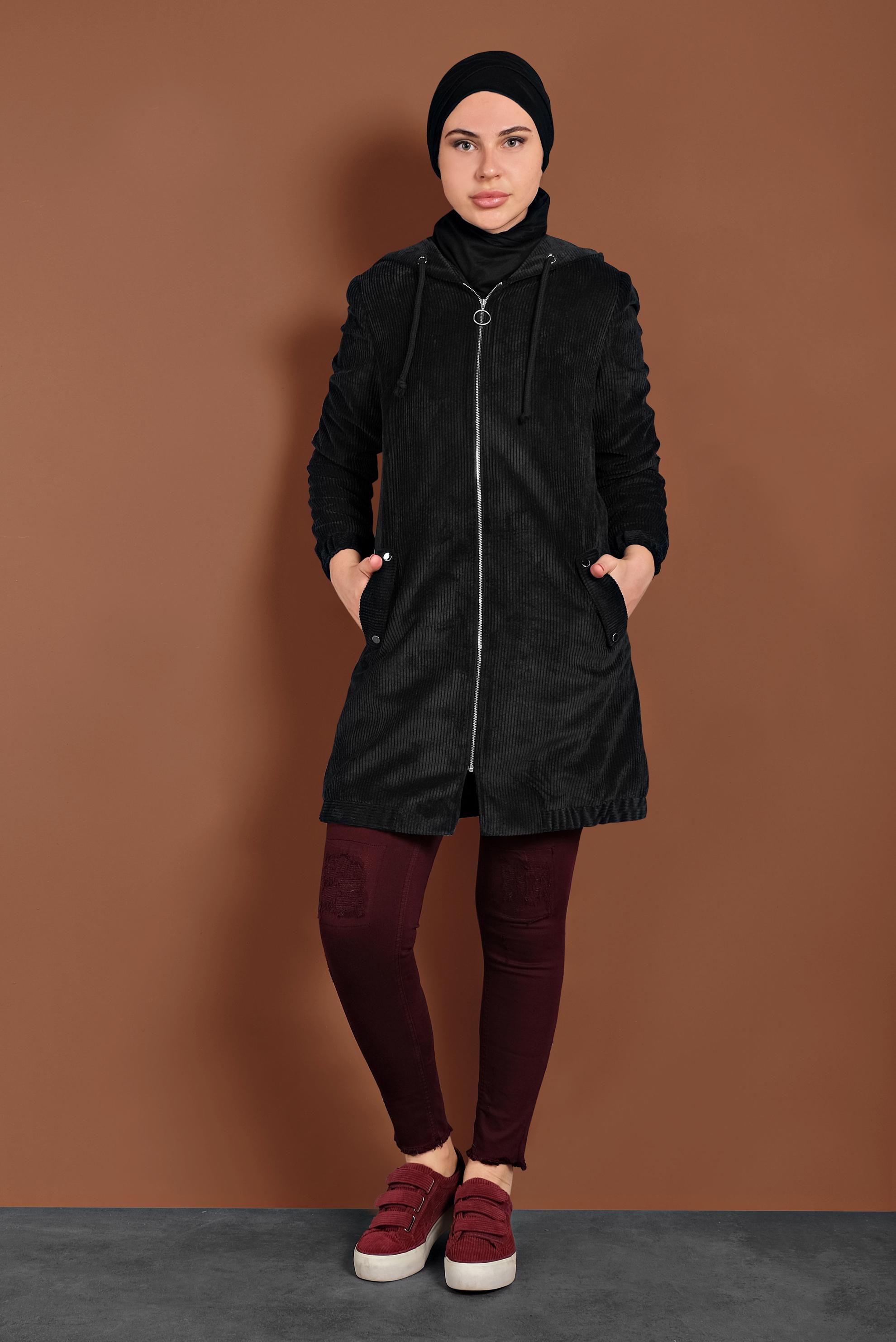 Hijab clothing BLACK HOODED CORDUROY TRENCH-COAT 10142