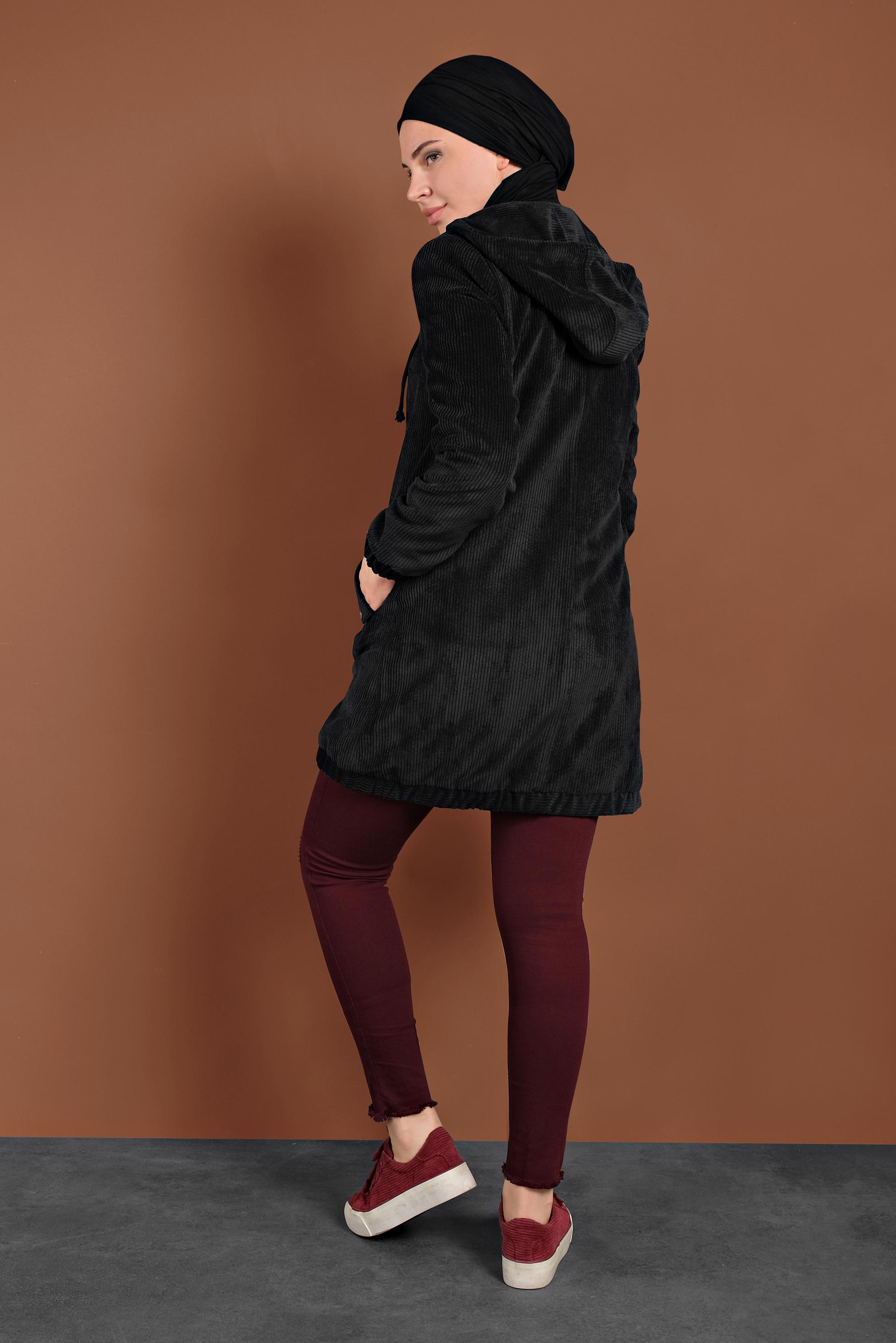 Hijab clothing BLACK HOODED CORDUROY TRENCH-COAT 10142