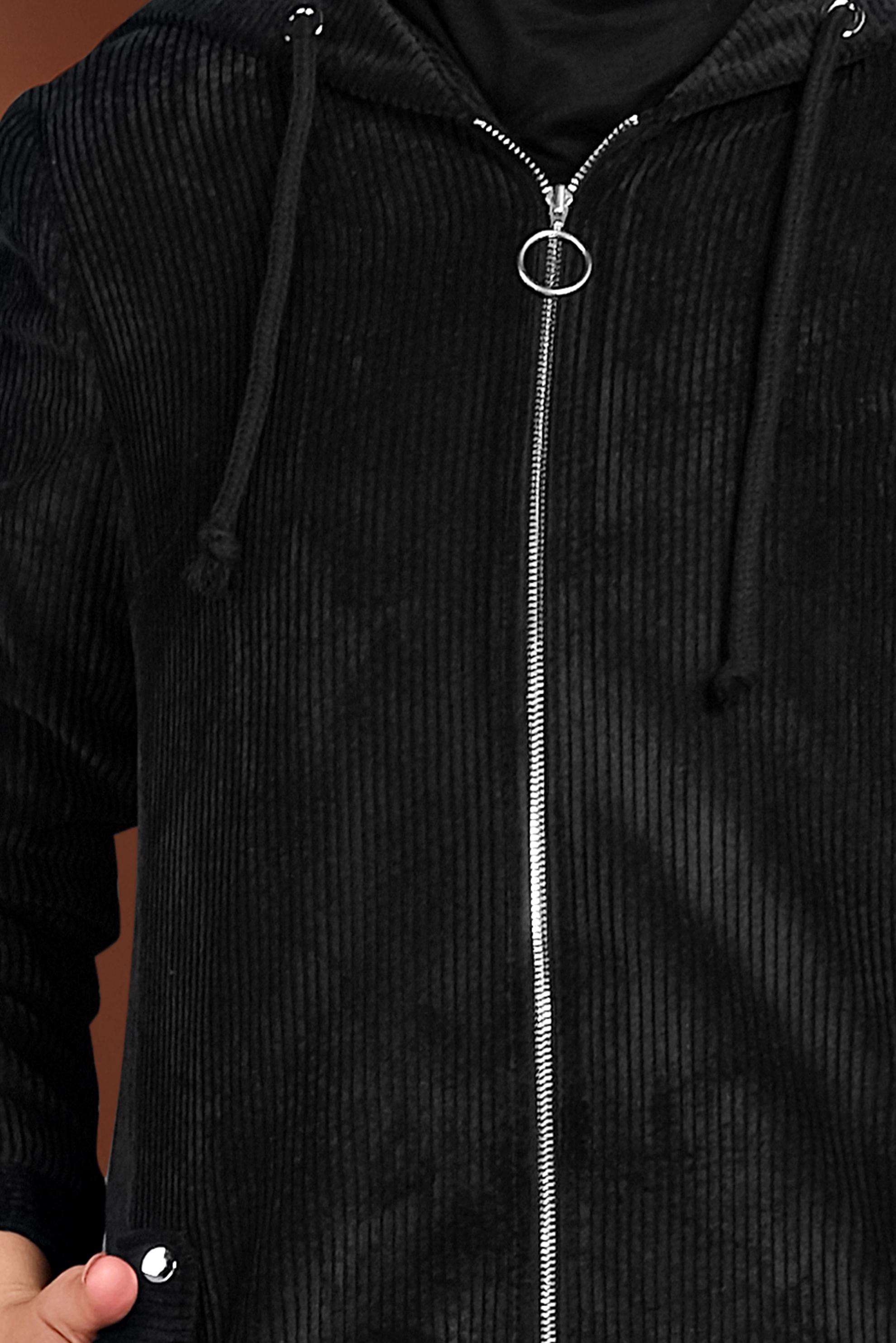 Hijab clothing BLACK HOODED CORDUROY TRENCH-COAT 10142