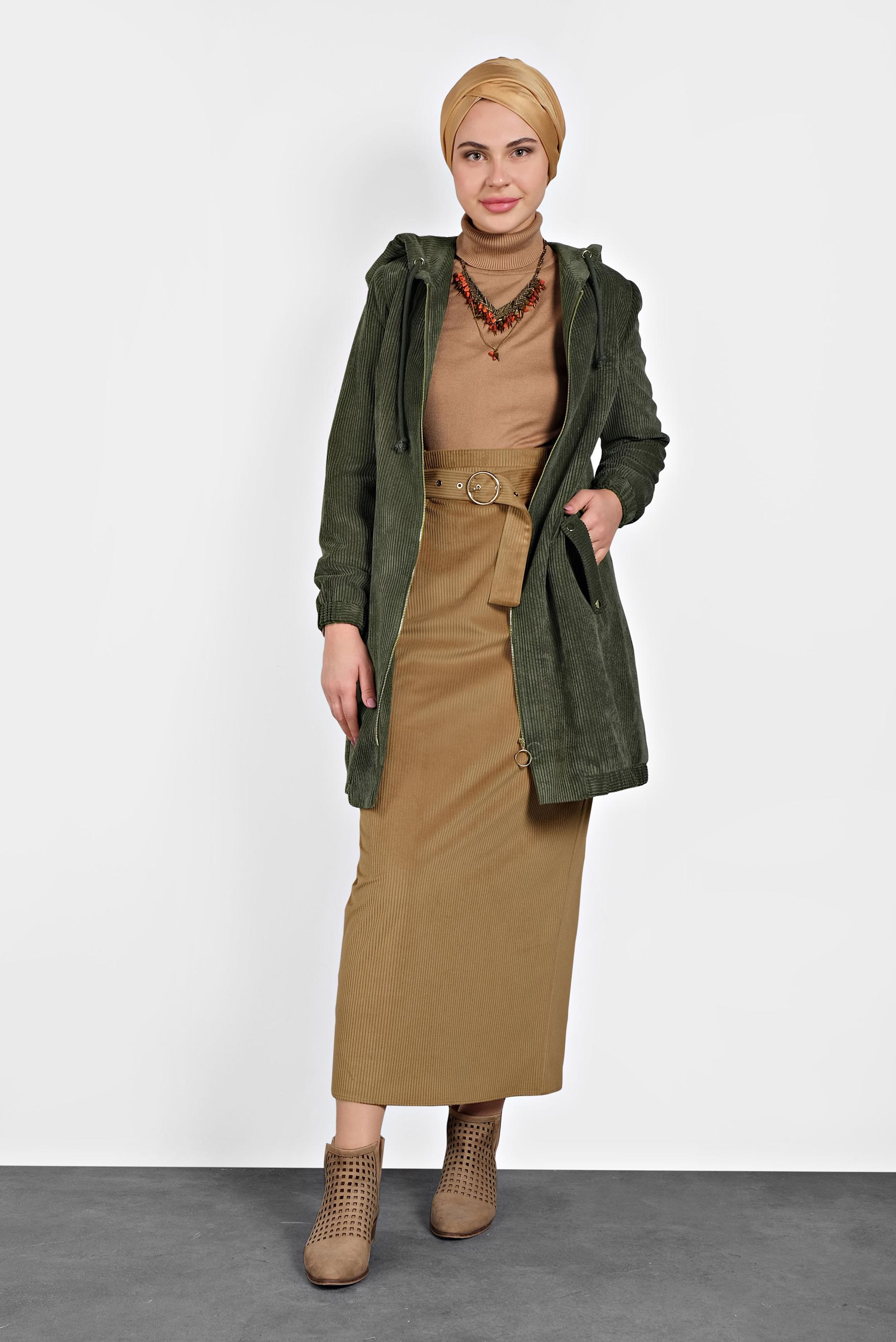 Hijab clothing GREEN HOODED CORDUROY TRENCH-COAT 10142