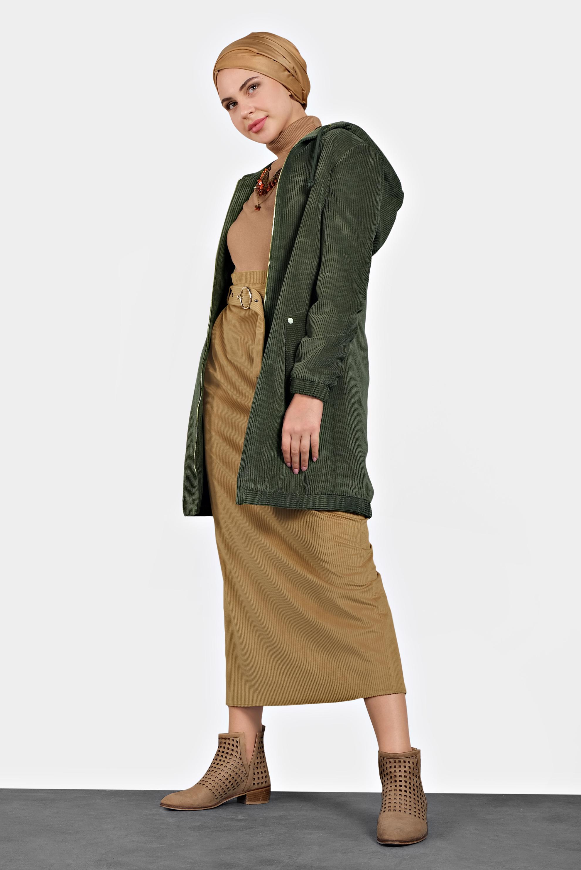 Hijab clothing GREEN HOODED CORDUROY TRENCH-COAT 10142