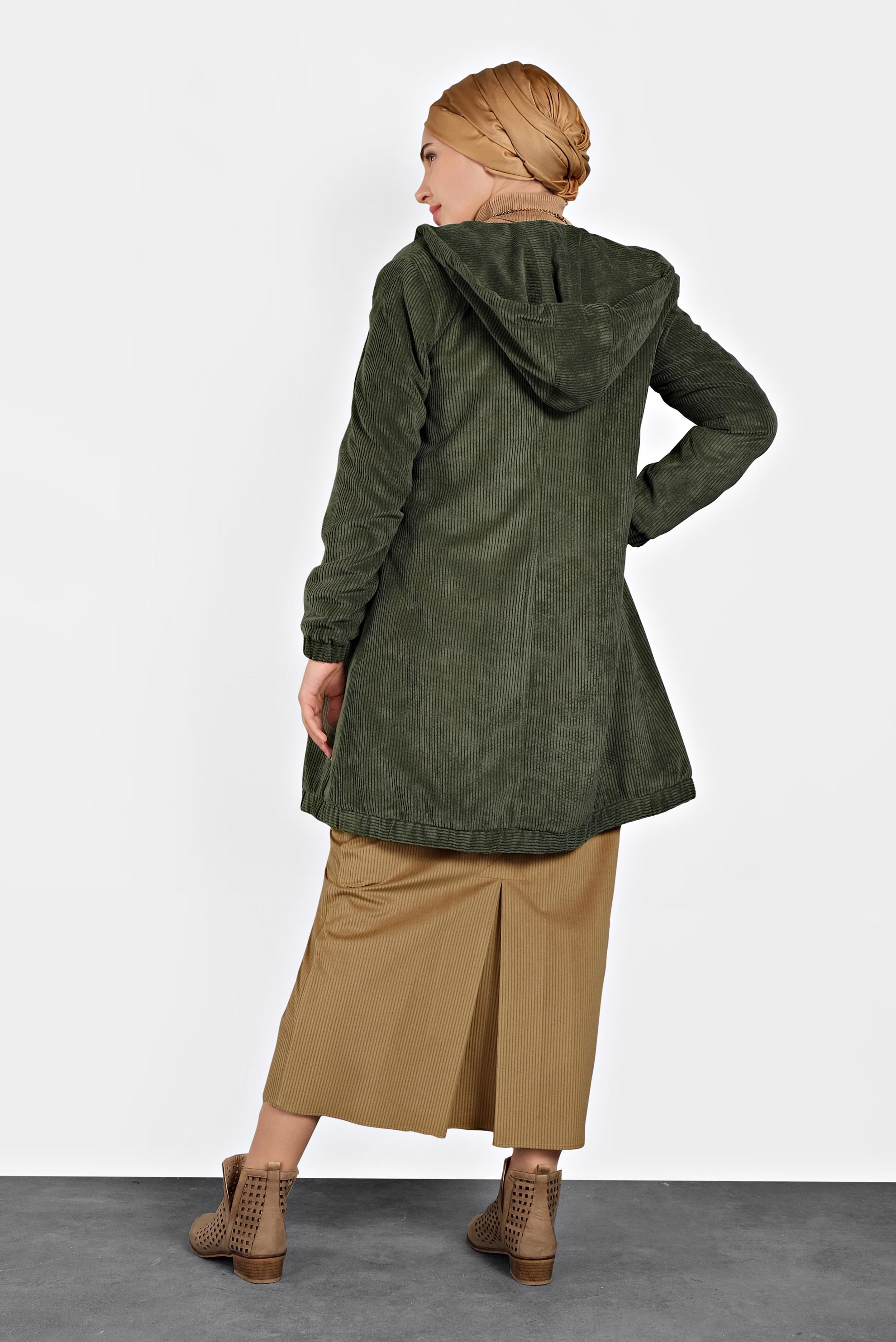 Hijab clothing GREEN HOODED CORDUROY TRENCH-COAT 10142