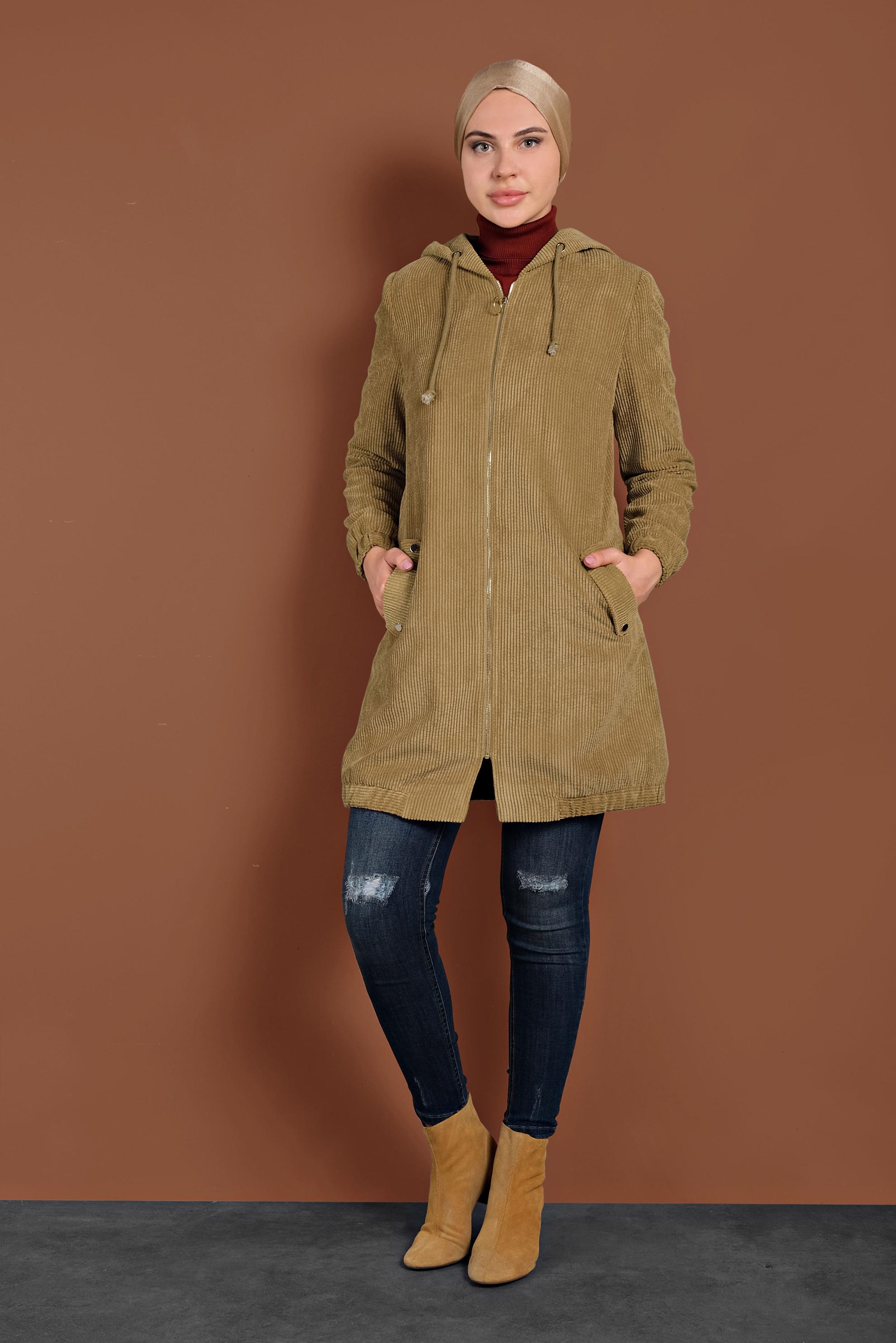 Tesettür giyim KAHVE FİTİLLİ KADİFE KAPÜŞONLU TRENÇKOT 10142