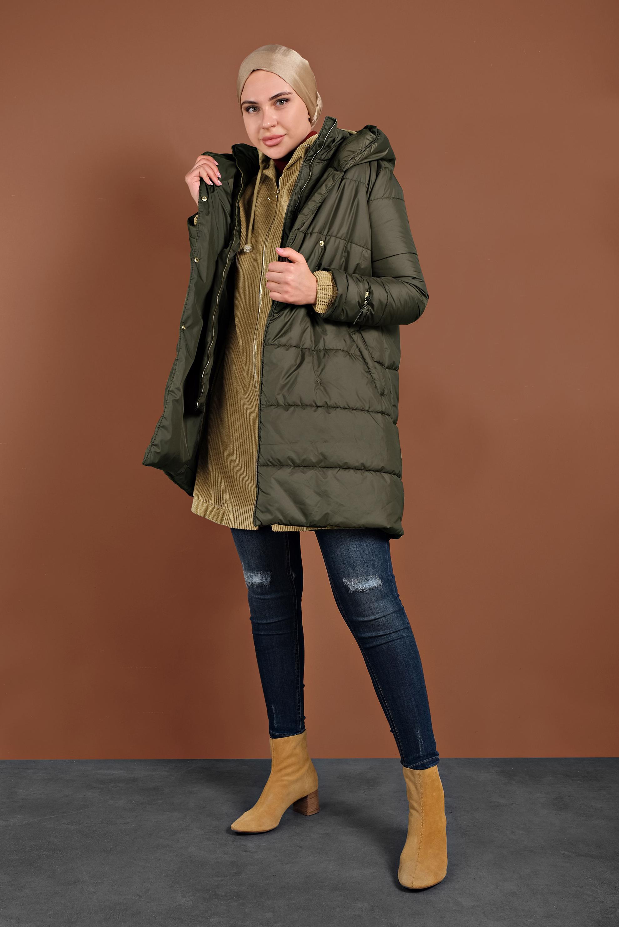 Tesettür giyim KAHVE FİTİLLİ KADİFE KAPÜŞONLU TRENÇKOT 10142