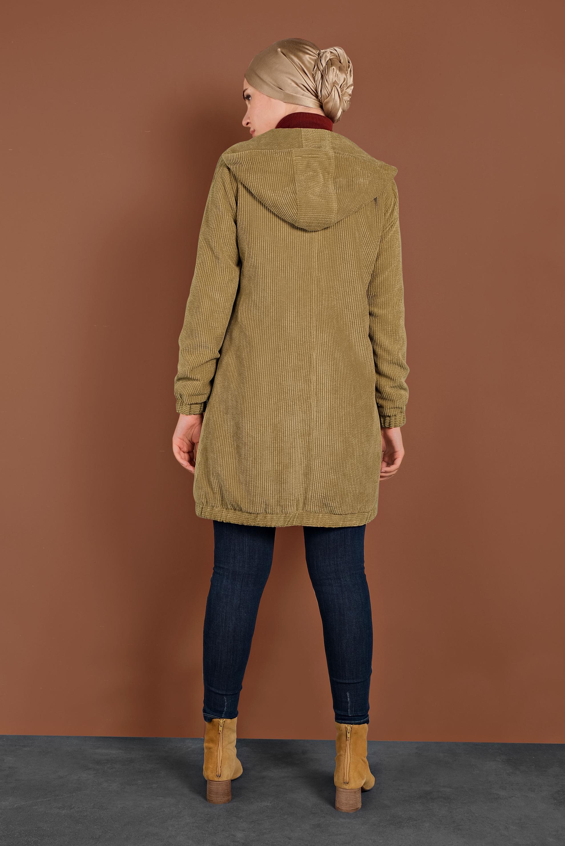 Tesettür giyim KAHVE FİTİLLİ KADİFE KAPÜŞONLU TRENÇKOT 10142