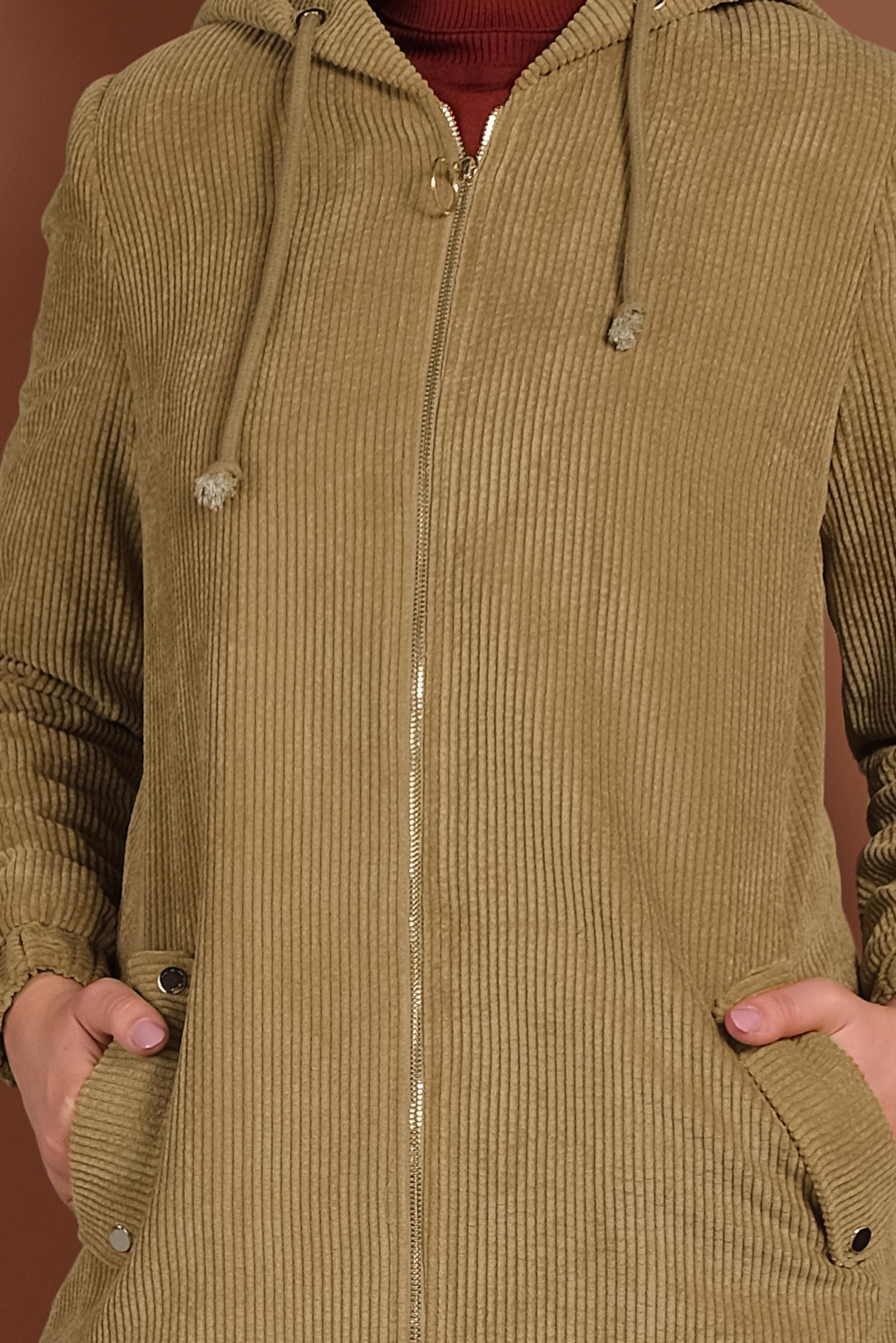 Tesettür giyim KAHVE FİTİLLİ KADİFE KAPÜŞONLU TRENÇKOT 10142