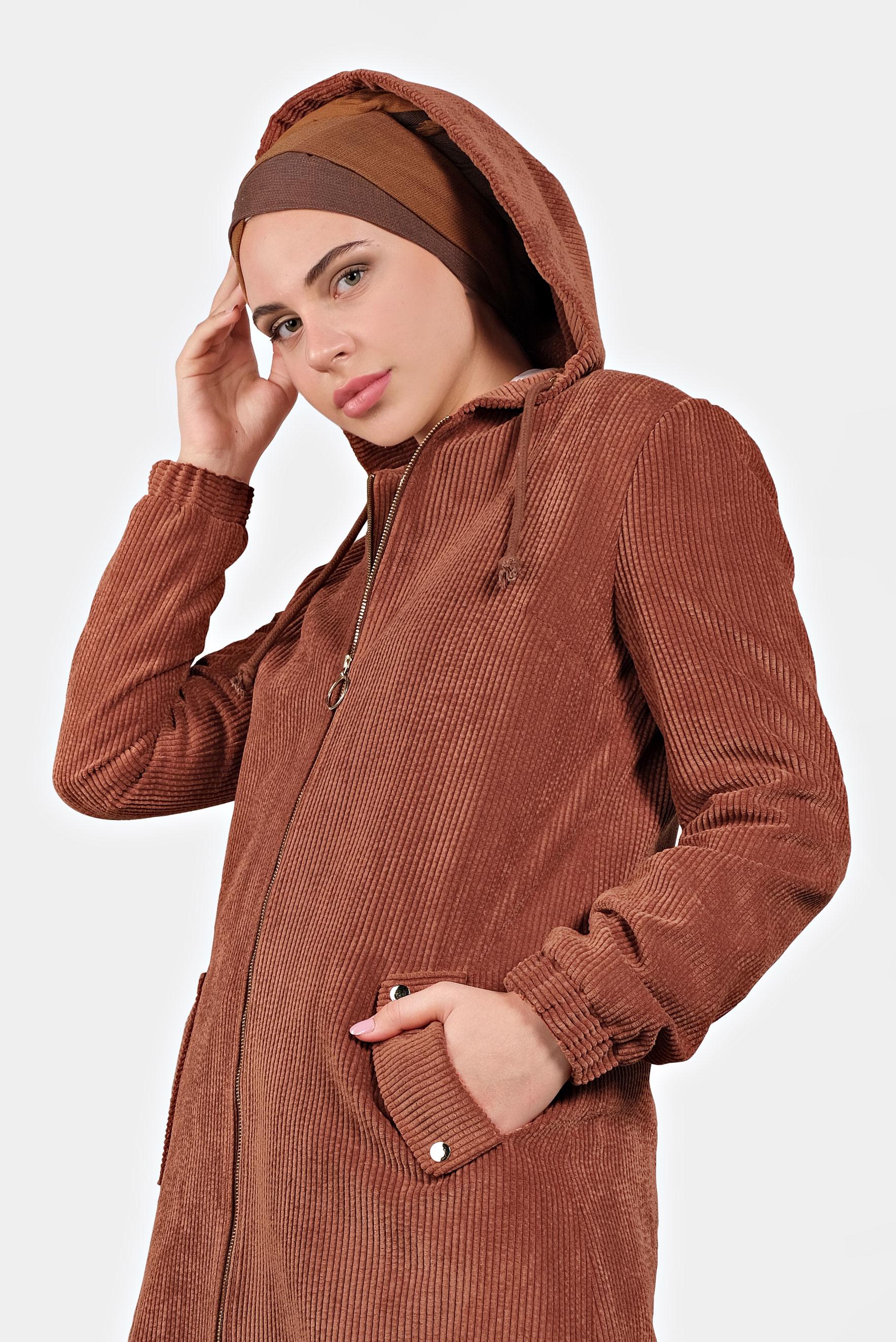 Tesettür giyim TURUNCU FİTİLLİ KADİFE KAPÜŞONLU TRENÇKOT 10142