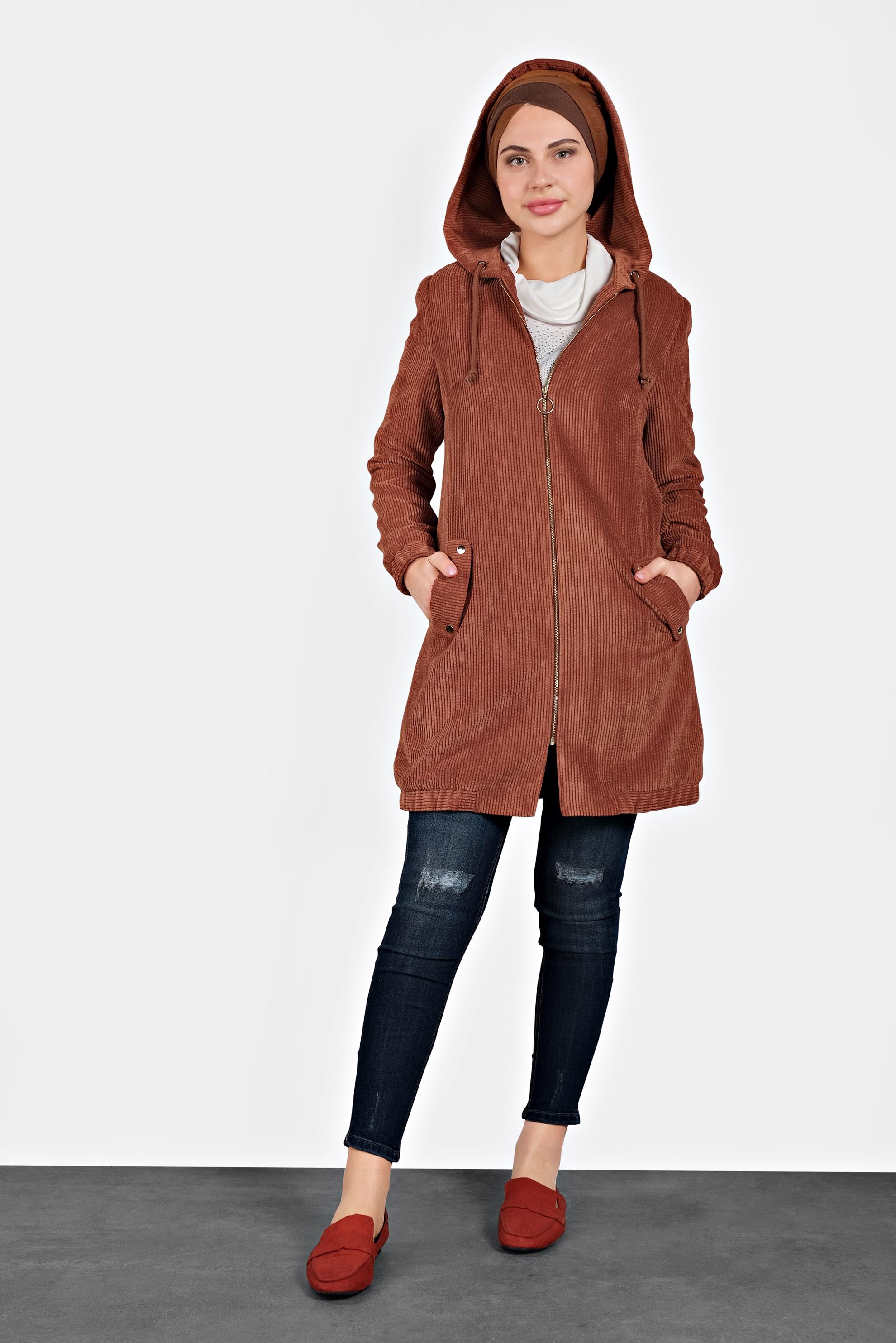 Tesettür giyim TURUNCU FİTİLLİ KADİFE KAPÜŞONLU TRENÇKOT 10142