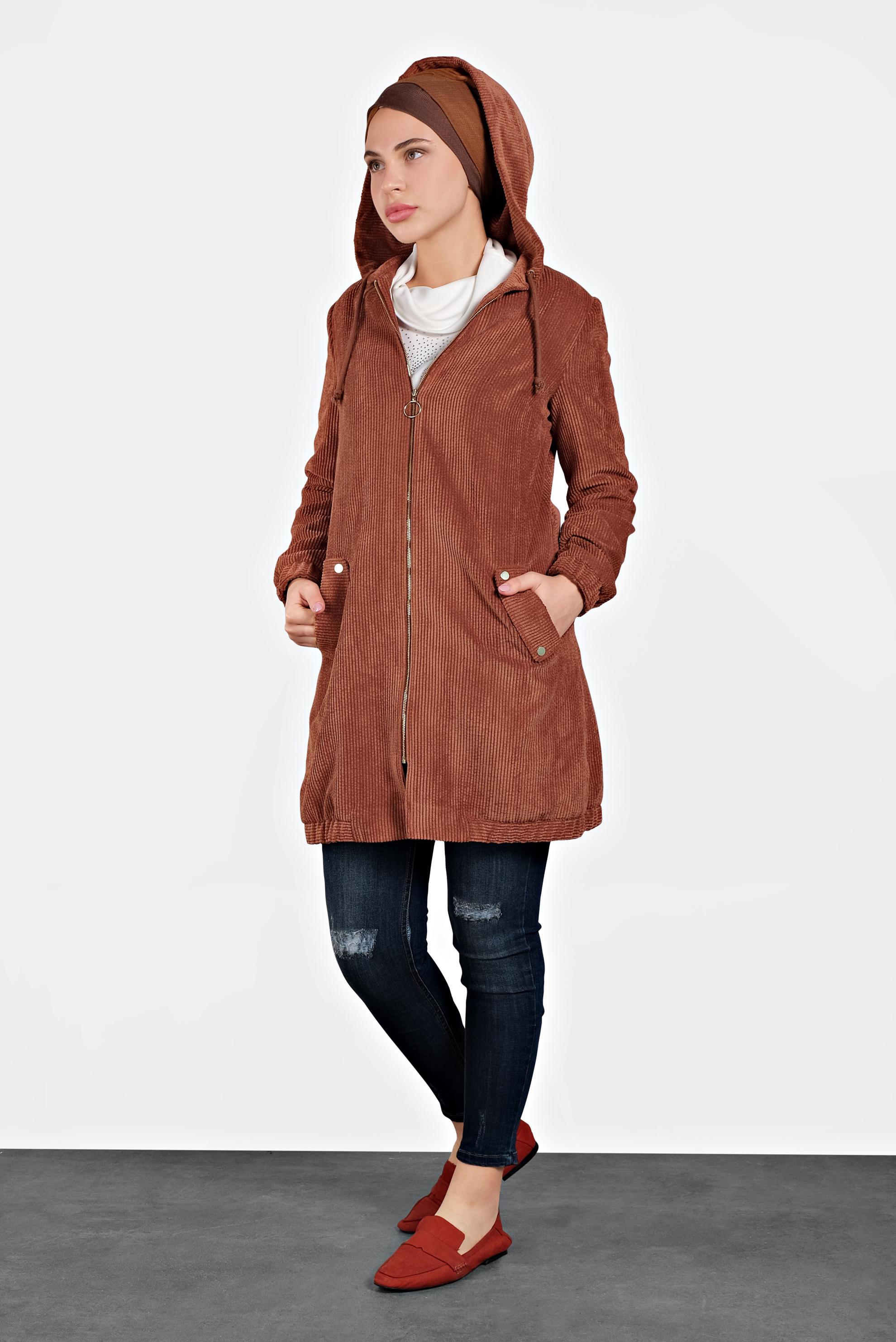 Tesettür giyim TURUNCU FİTİLLİ KADİFE KAPÜŞONLU TRENÇKOT 10142