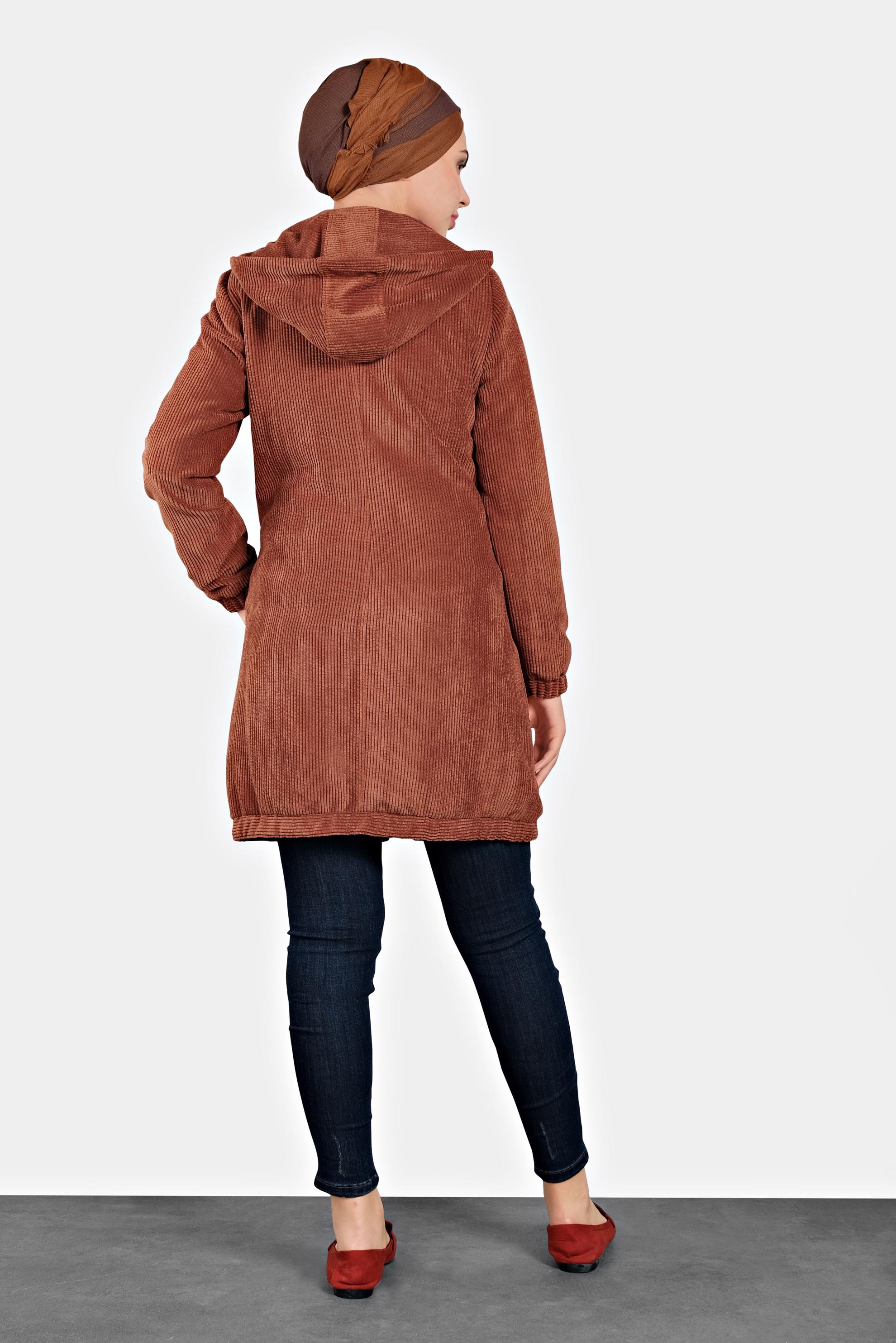 Tesettür giyim TURUNCU FİTİLLİ KADİFE KAPÜŞONLU TRENÇKOT 10142