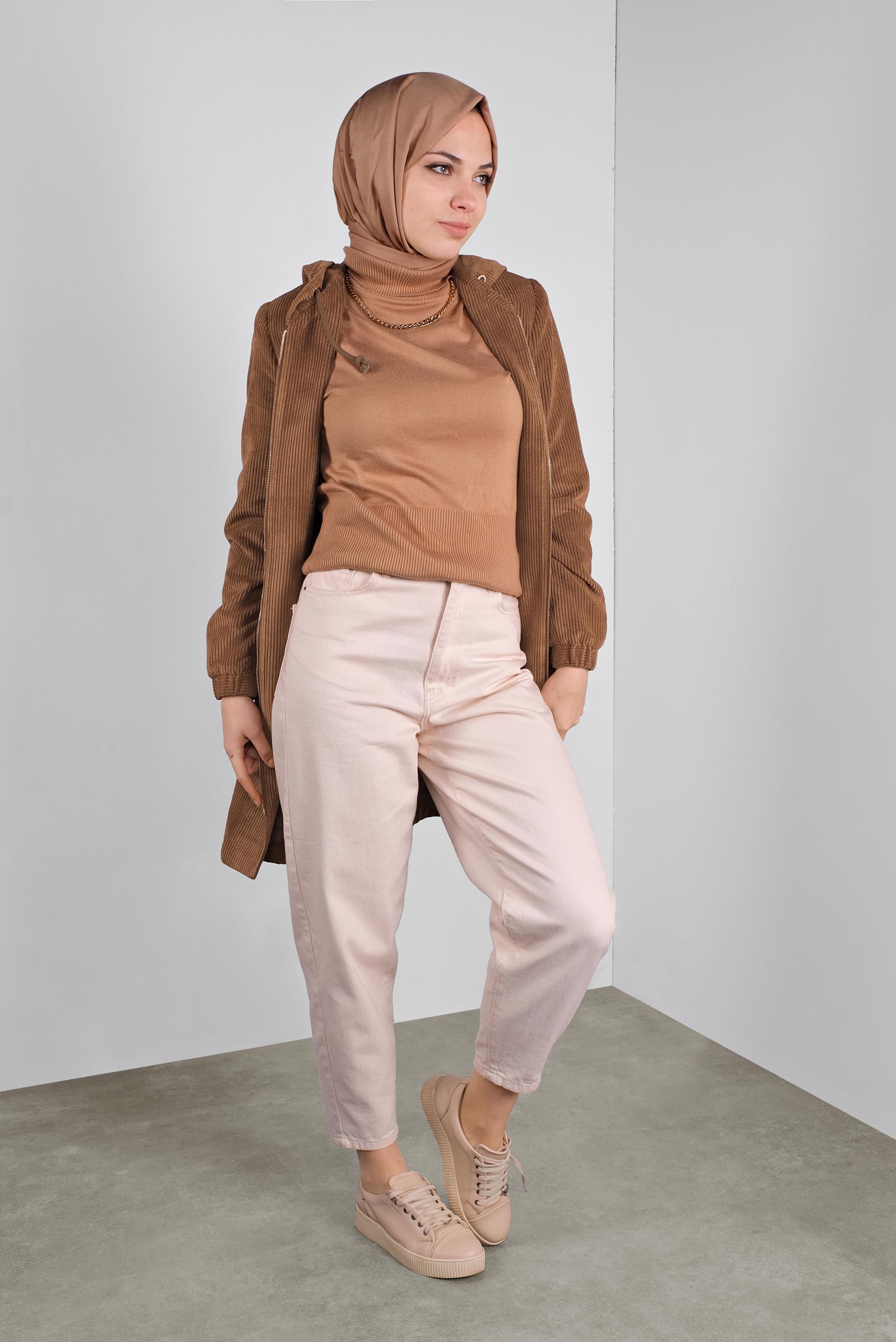 Tesettür giyim TABA FİTİLLİ KADİFE KAPÜŞONLU TRENÇKOT 10142