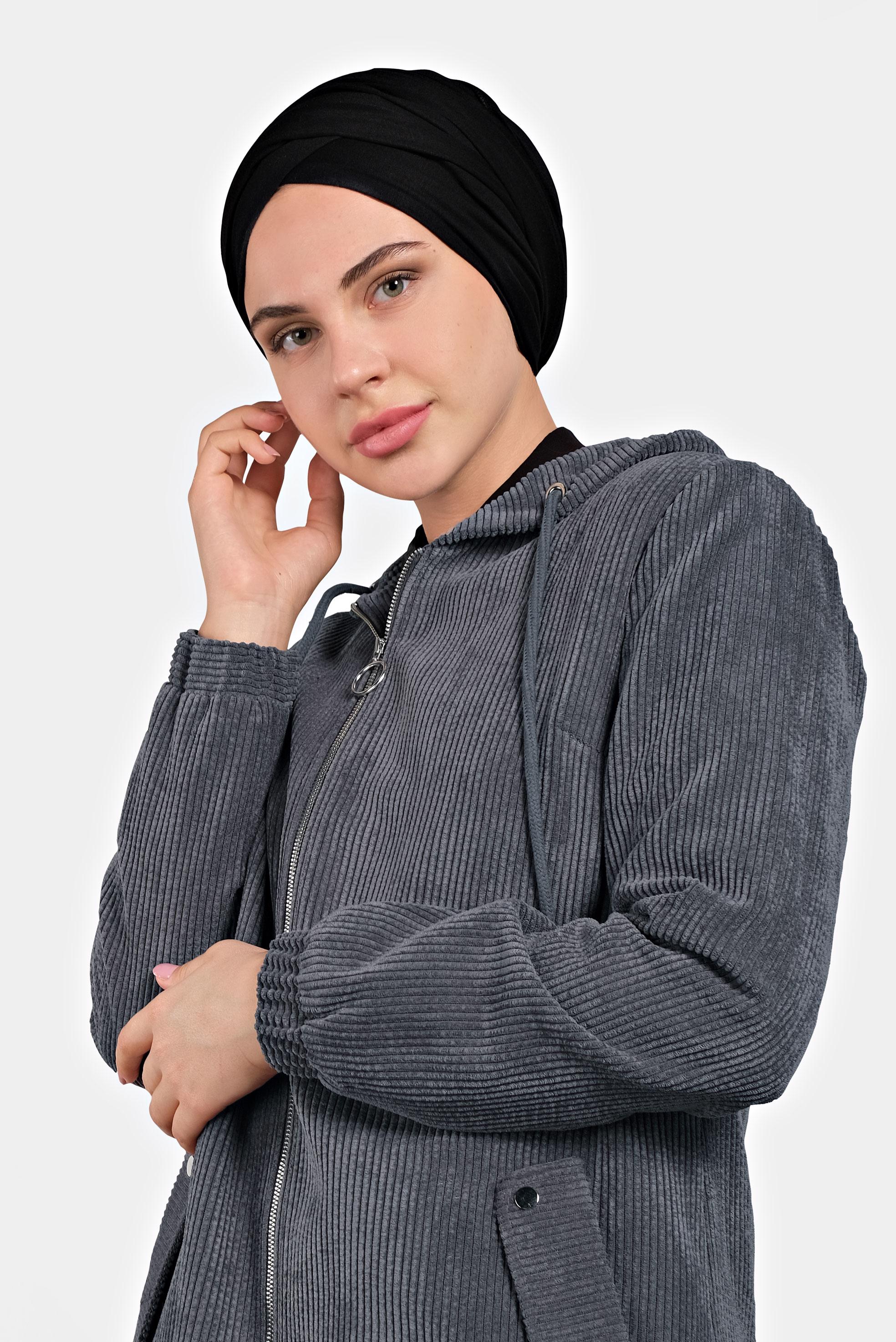 Tesettür giyim GRİ FİTİLLİ KADİFE KAPÜŞONLU TRENÇKOT 10142