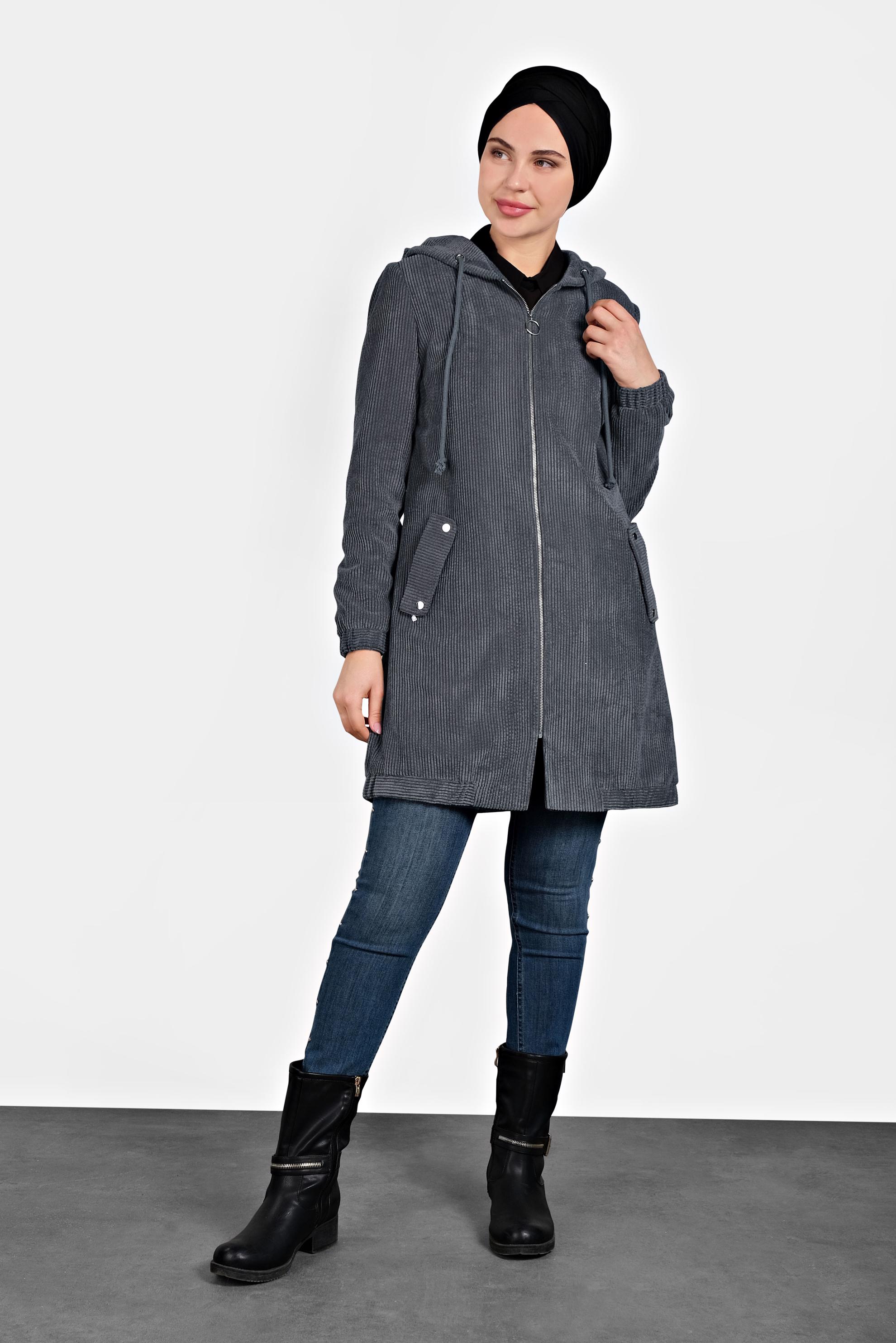 Tesettür giyim GRİ FİTİLLİ KADİFE KAPÜŞONLU TRENÇKOT 10142