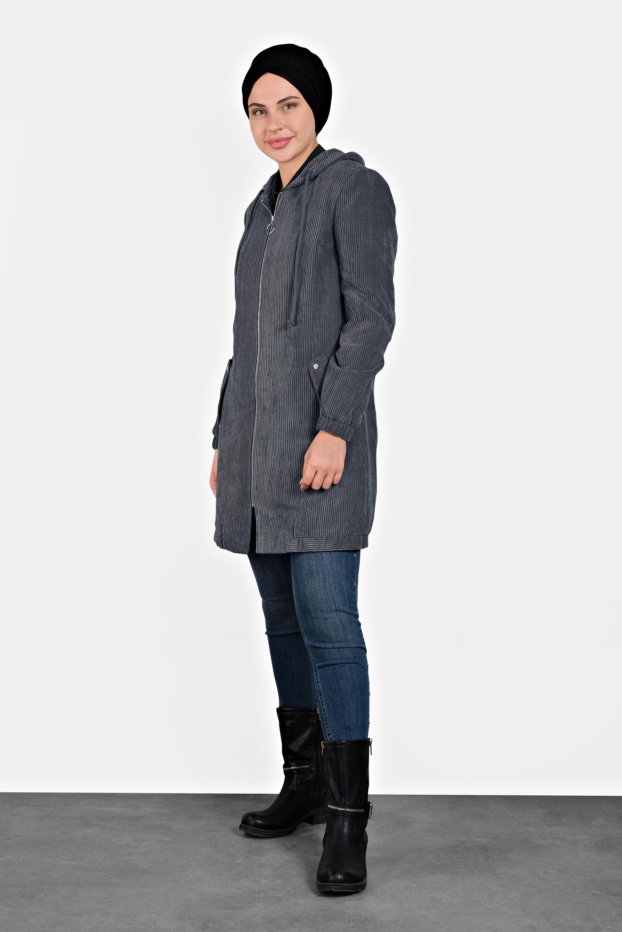 Tesettür giyim GRİ FİTİLLİ KADİFE KAPÜŞONLU TRENÇKOT 10142