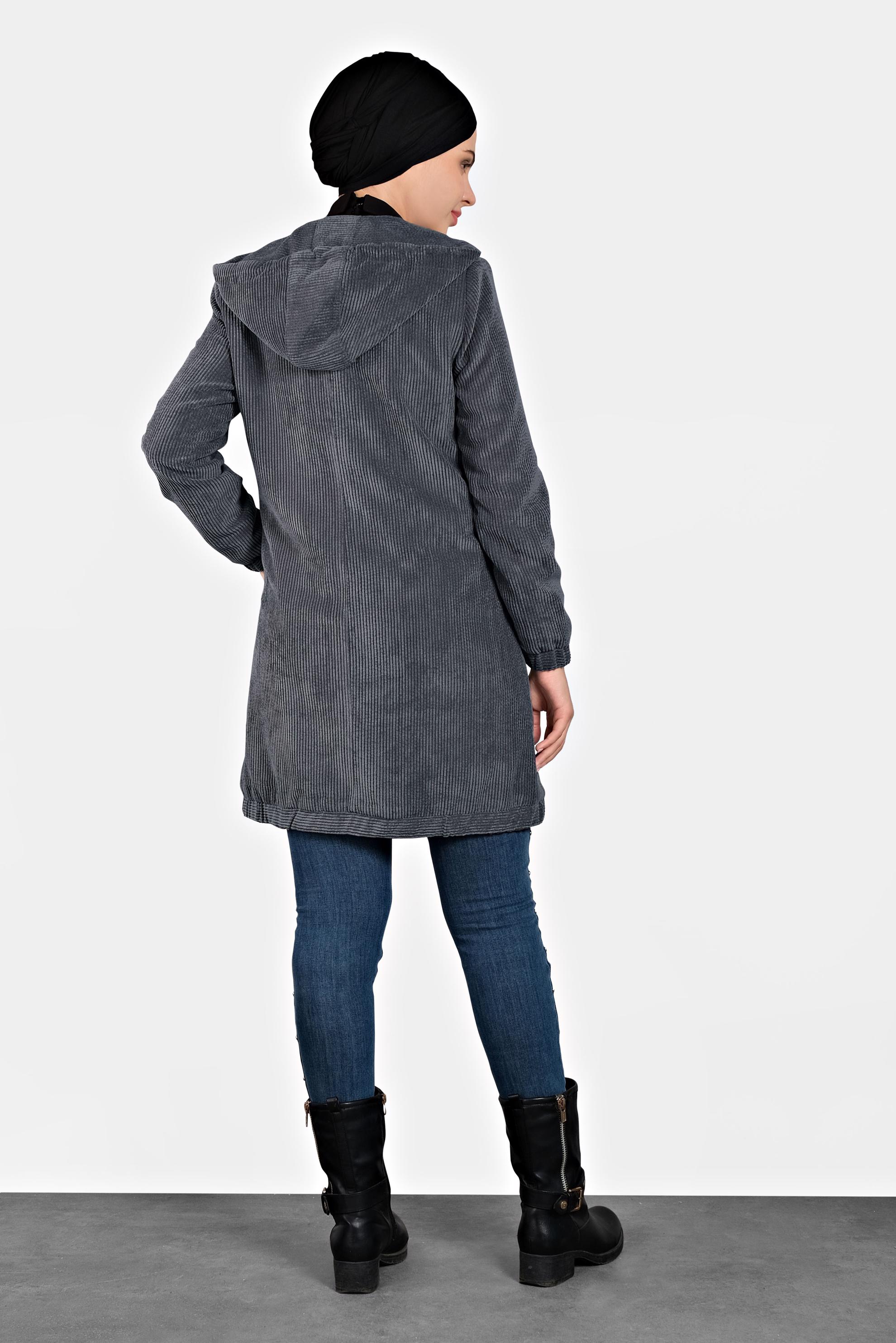 Tesettür giyim GRİ FİTİLLİ KADİFE KAPÜŞONLU TRENÇKOT 10142