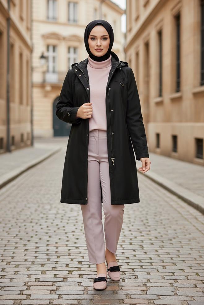 Tesettür giyim SİYAH KAPÜŞONLU FERMUARLI TRENÇKOT 10146  - ALVİNA