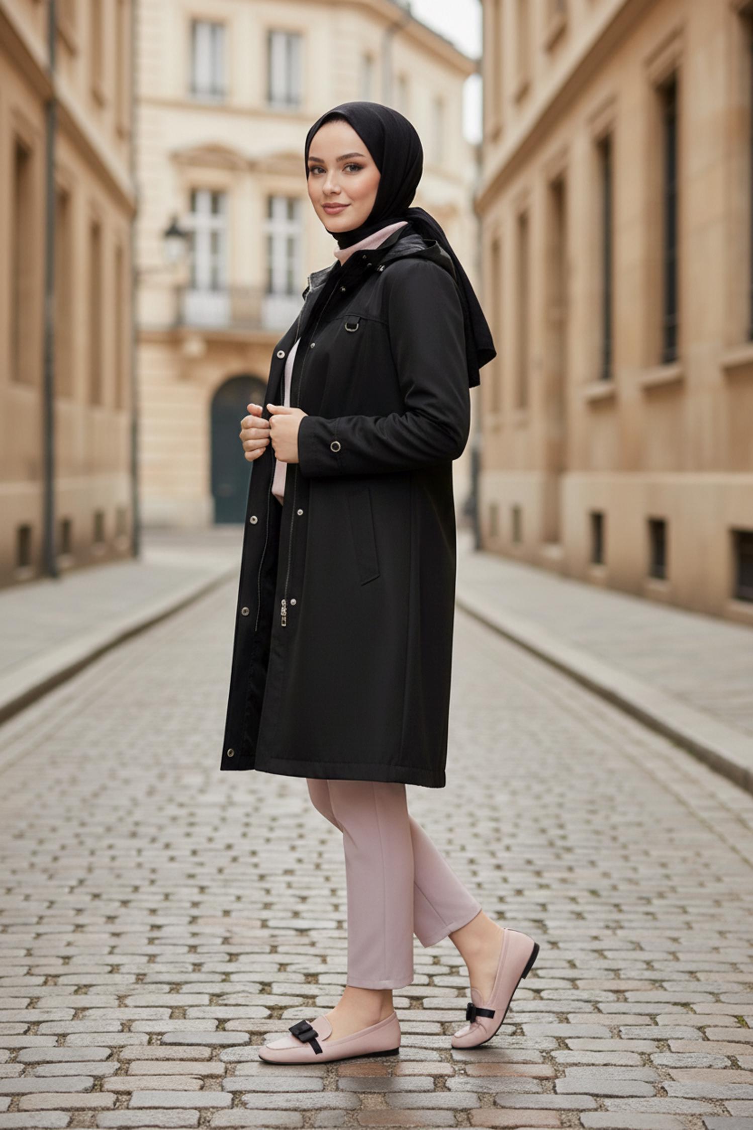 Vêtements hijab NOIR TRENCH À CAPUCHE 10146
