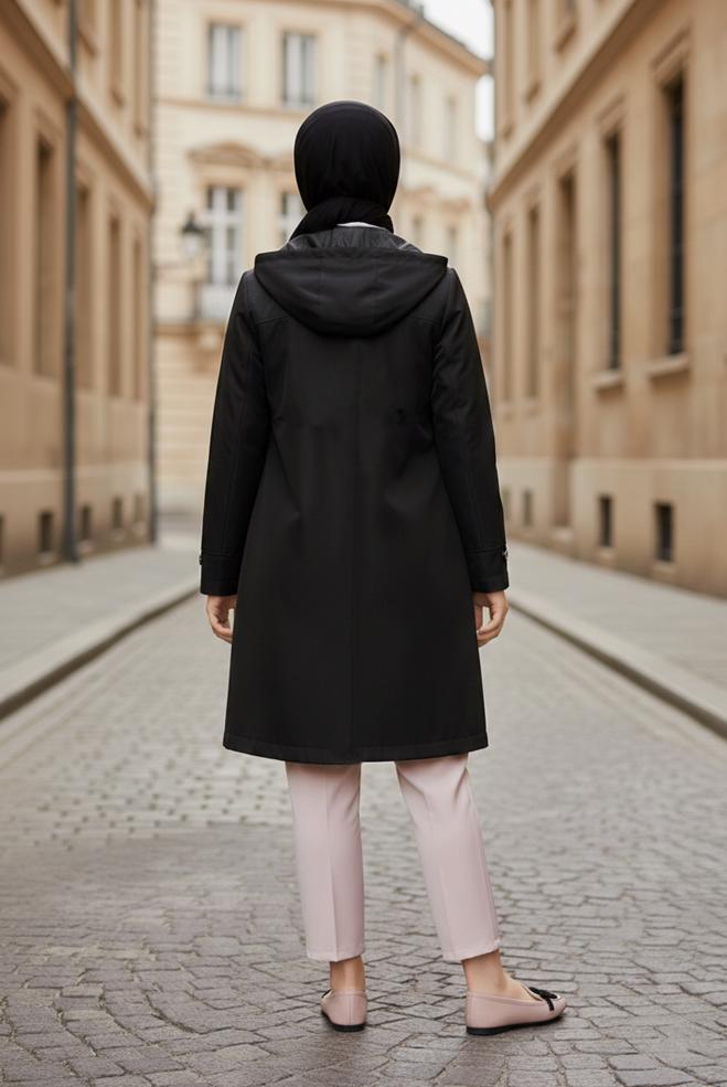 Tesettür giyim SİYAH KAPÜŞONLU FERMUARLI TRENÇKOT 10146  - ALVİNA
