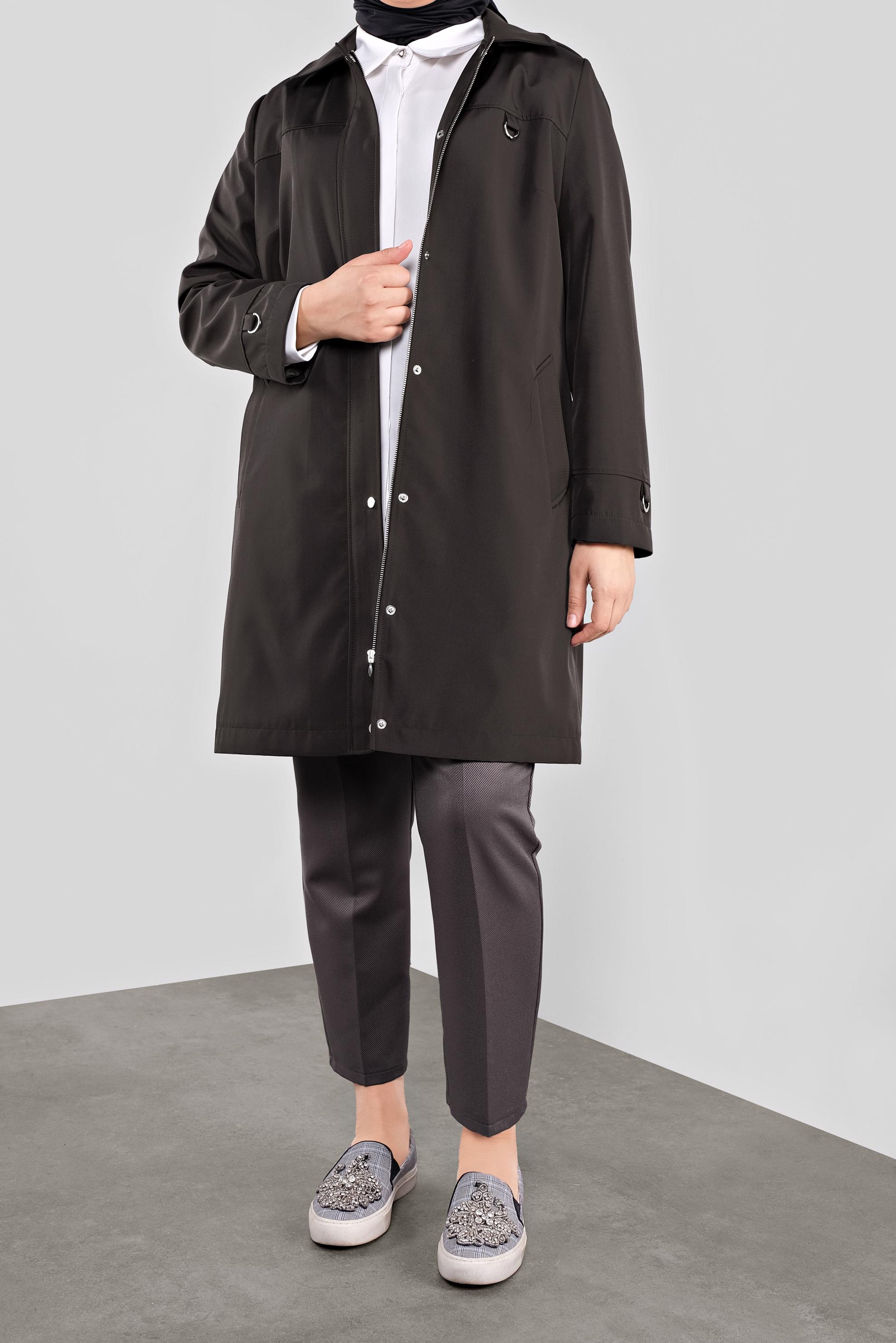 Tesettür giyim KAHVE KAPÜŞONLU FERMUARLI TRENÇKOT 10146 