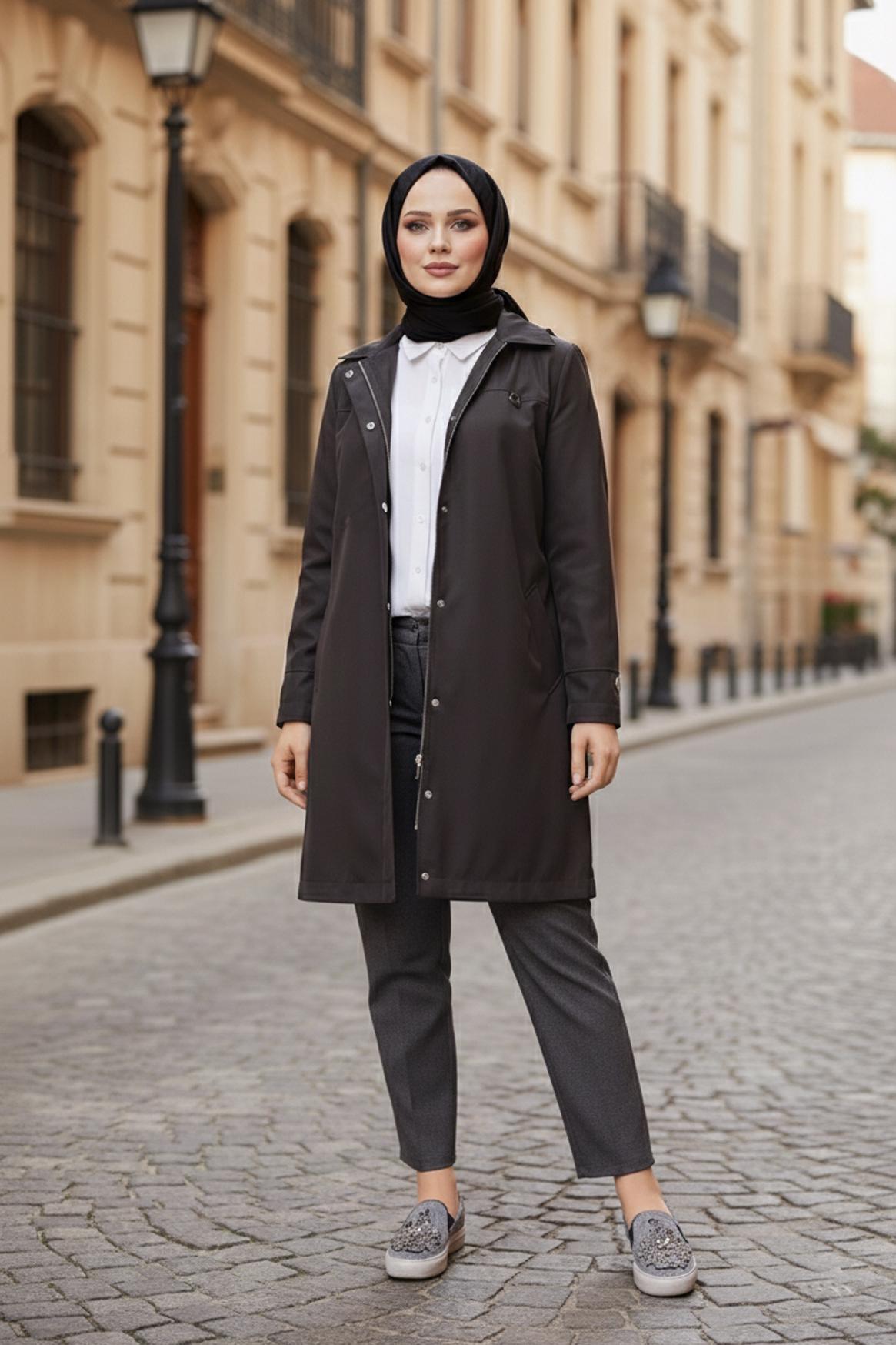 Hijab clothing BROWN HOODED TRENCH COAT 10146