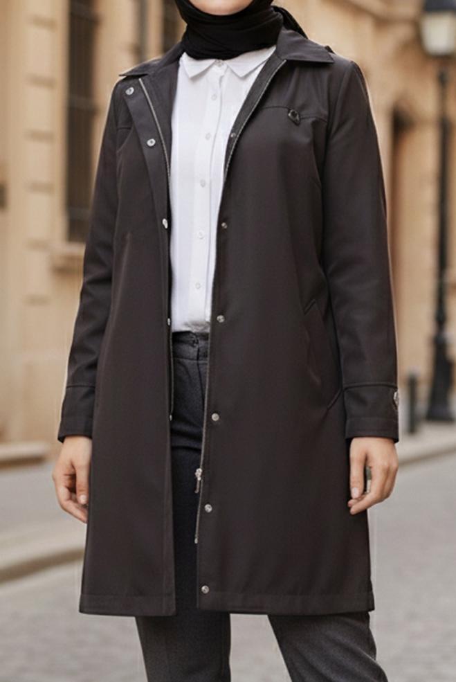 Tesettür giyim KAHVE KAPÜŞONLU FERMUARLI TRENÇKOT 10146  - ALVİNA