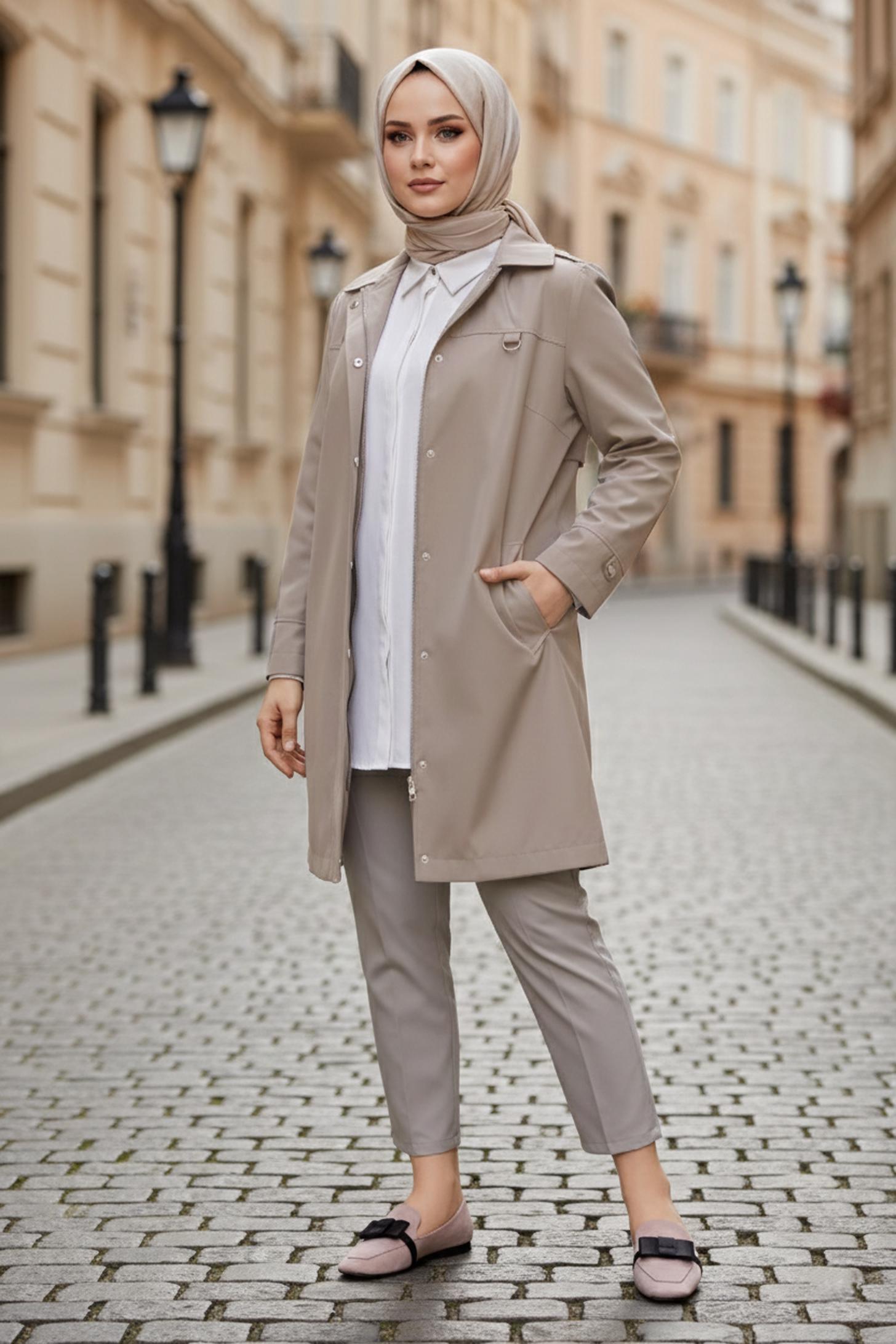 Hijab clothing BROWN HOODED TRENCH COAT 10146