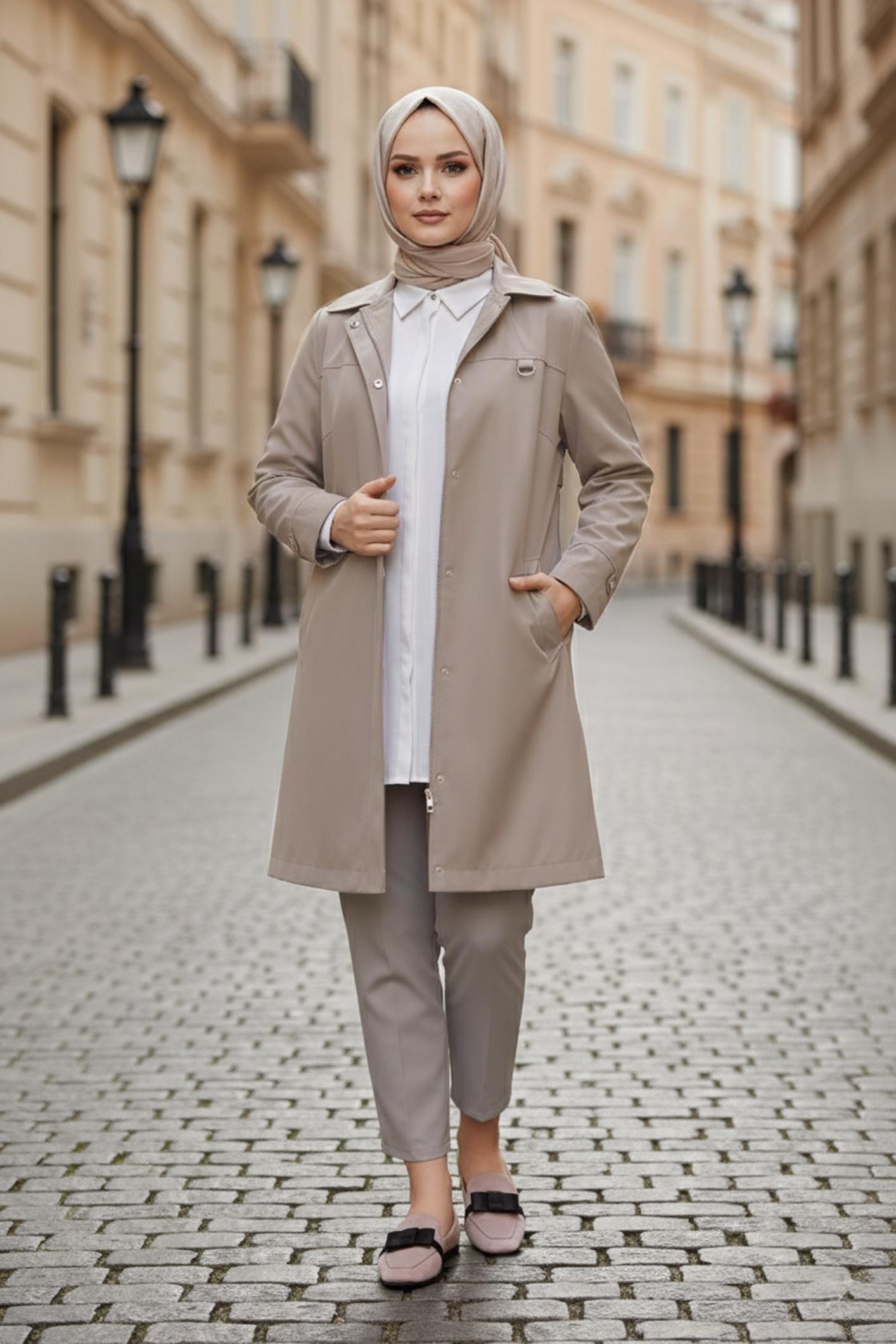 Hijab clothing BROWN HOODED TRENCH COAT 10146