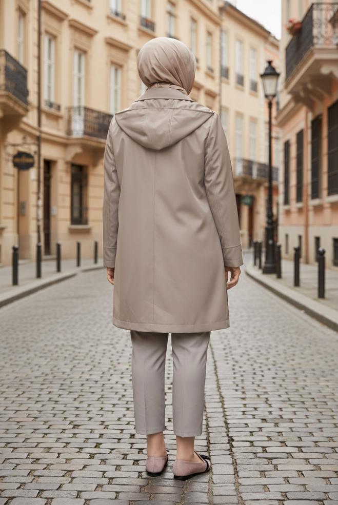 Tesettür giyim KAHVE KAPÜŞONLU FERMUARLI TRENÇKOT 10146  - ALVİNA