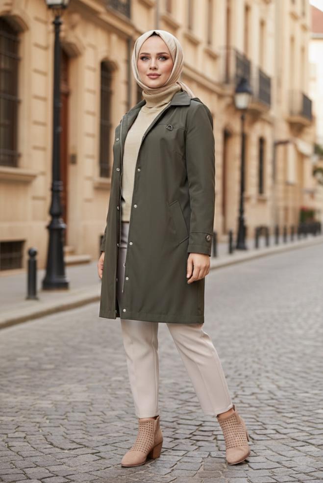 Tesettür giyim HAKİ KAPÜŞONLU FERMUARLI TRENÇKOT 10146  - ALVİNA