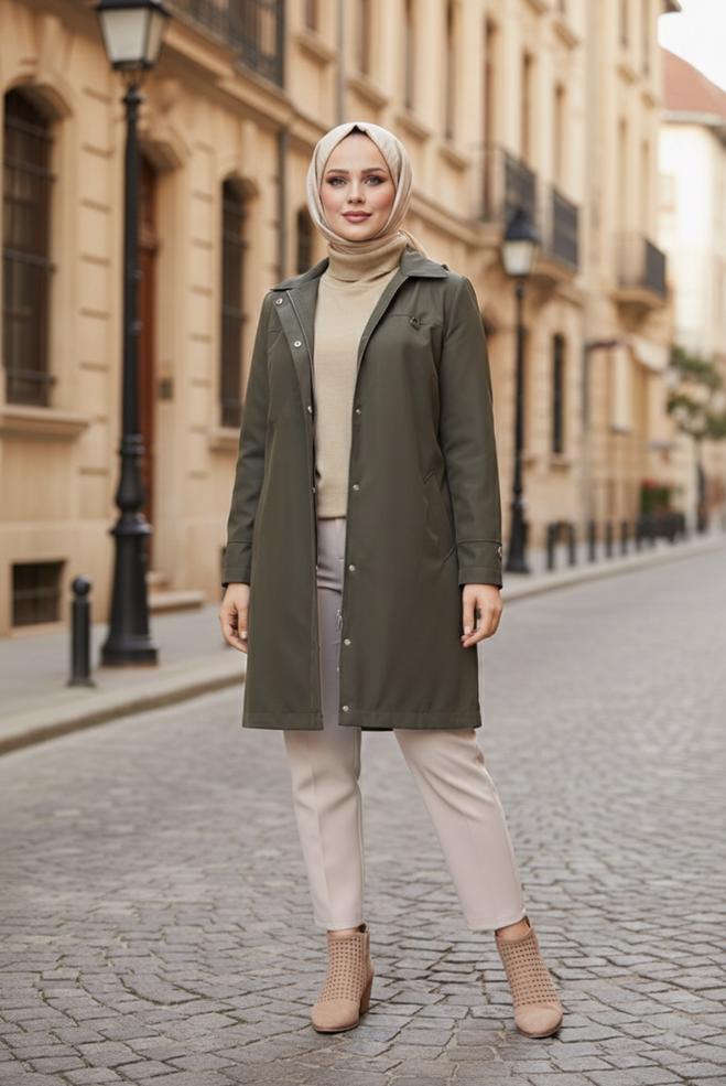 Tesettür giyim HAKİ KAPÜŞONLU FERMUARLI TRENÇKOT 10146  - ALVİNA