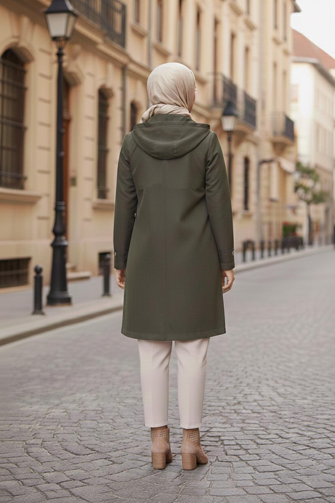 Hijab clothing KHAKI HOODED TRENCH COAT 10146