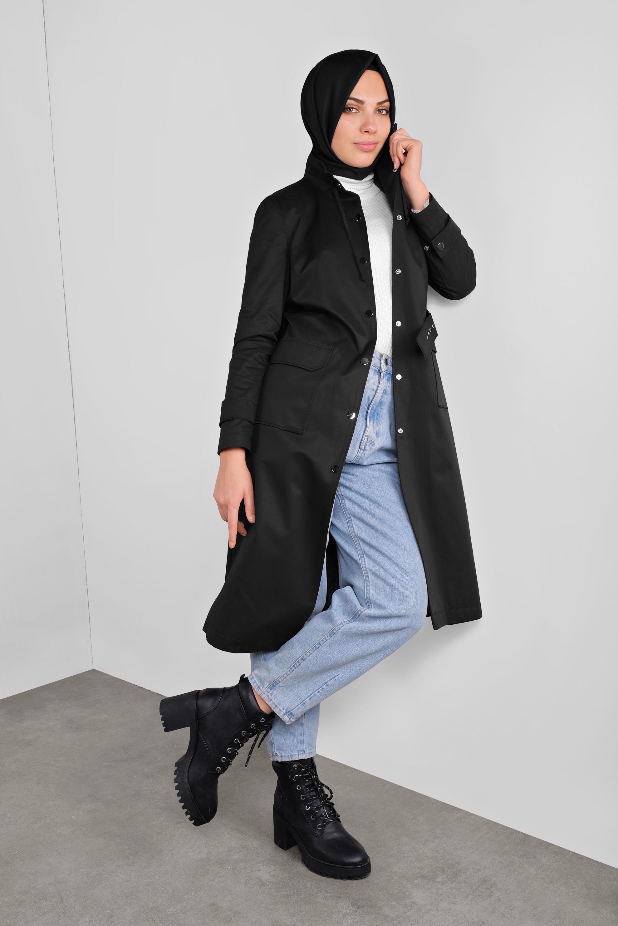 Tesettür giyim SİYAH PAMUKLU KEMERLİ TRENÇKOT 10290 