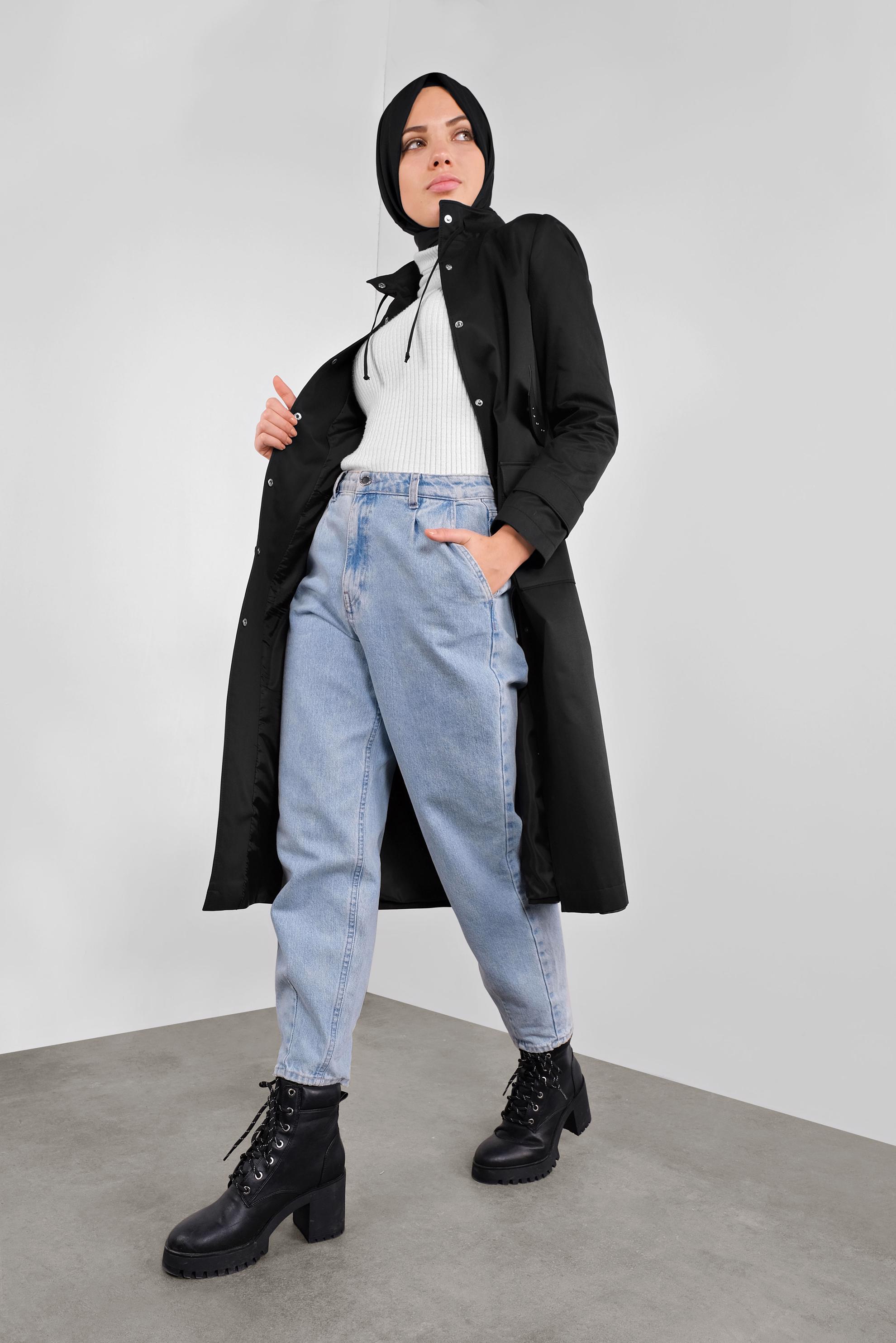 Tesettür giyim SİYAH PAMUKLU KEMERLİ TRENÇKOT 10290 