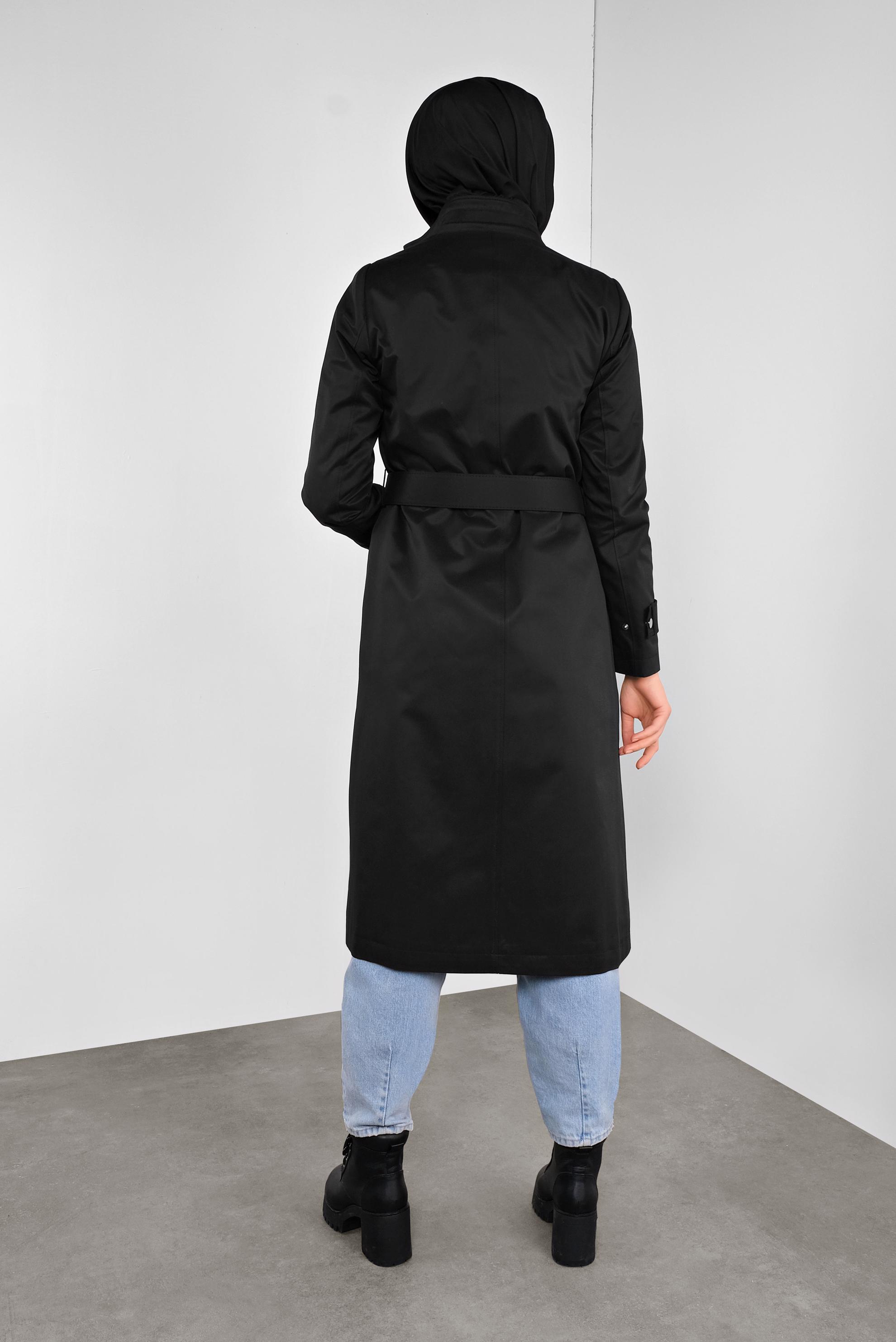 Tesettür giyim SİYAH PAMUKLU KEMERLİ TRENÇKOT 10290 