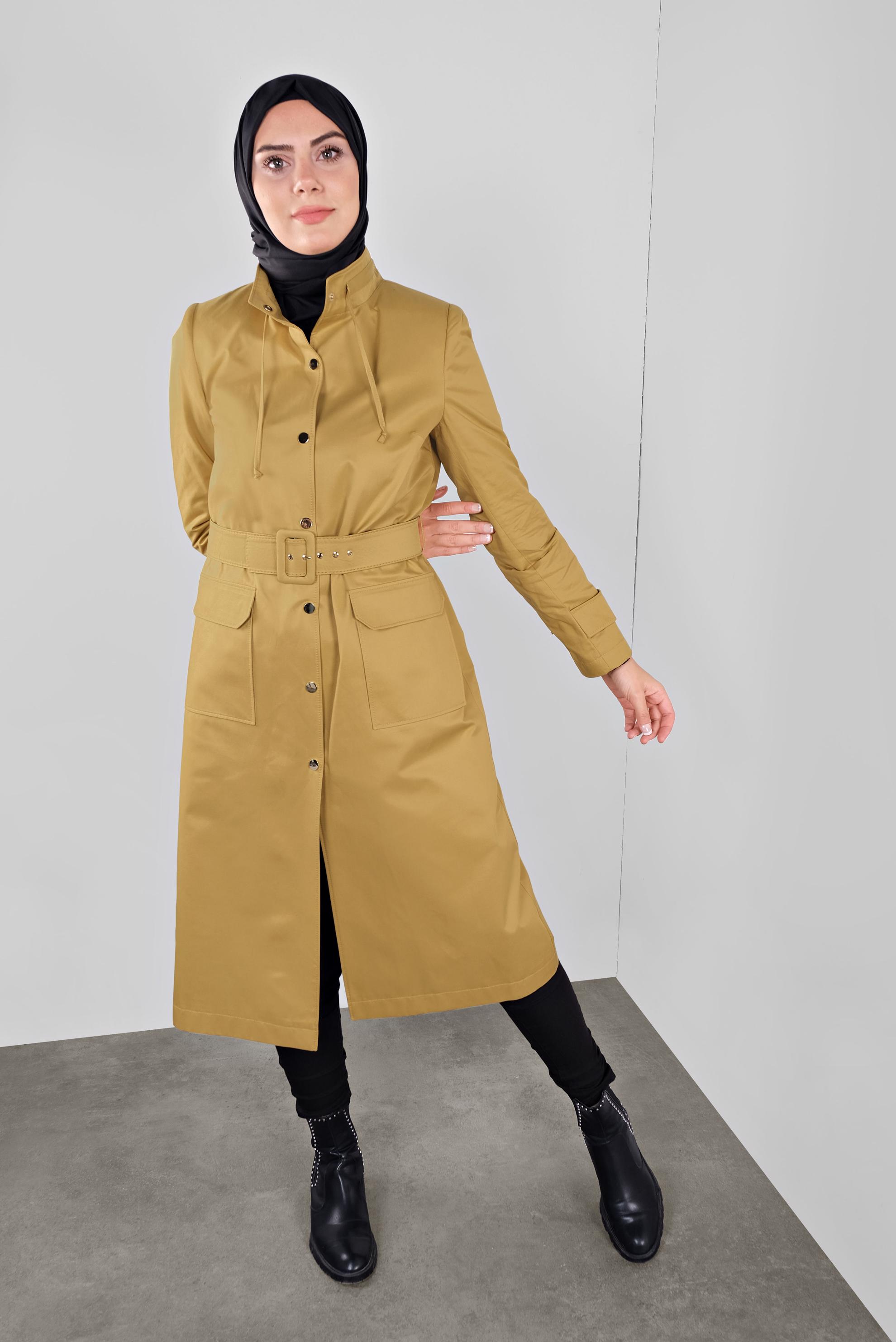 Tesettür giyim SARI PAMUKLU KEMERLİ TRENÇKOT 10290 