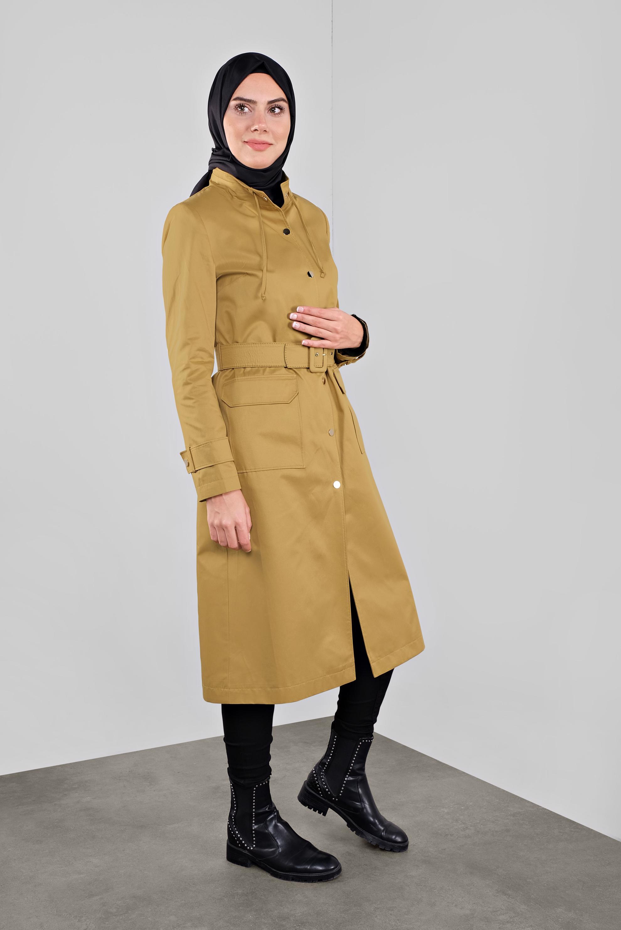 Tesettür giyim SARI PAMUKLU KEMERLİ TRENÇKOT 10290 