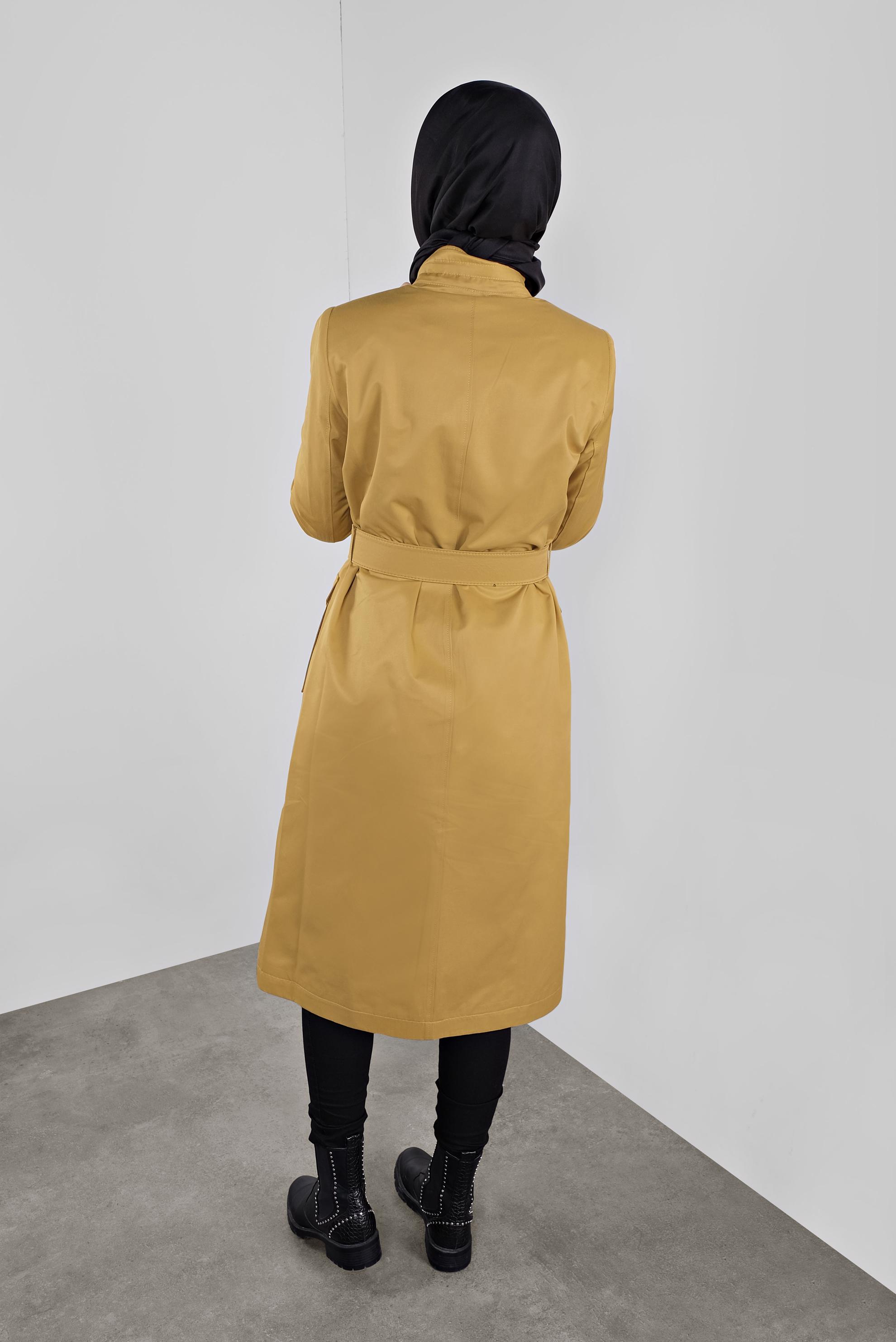 Tesettür giyim SARI PAMUKLU KEMERLİ TRENÇKOT 10290 