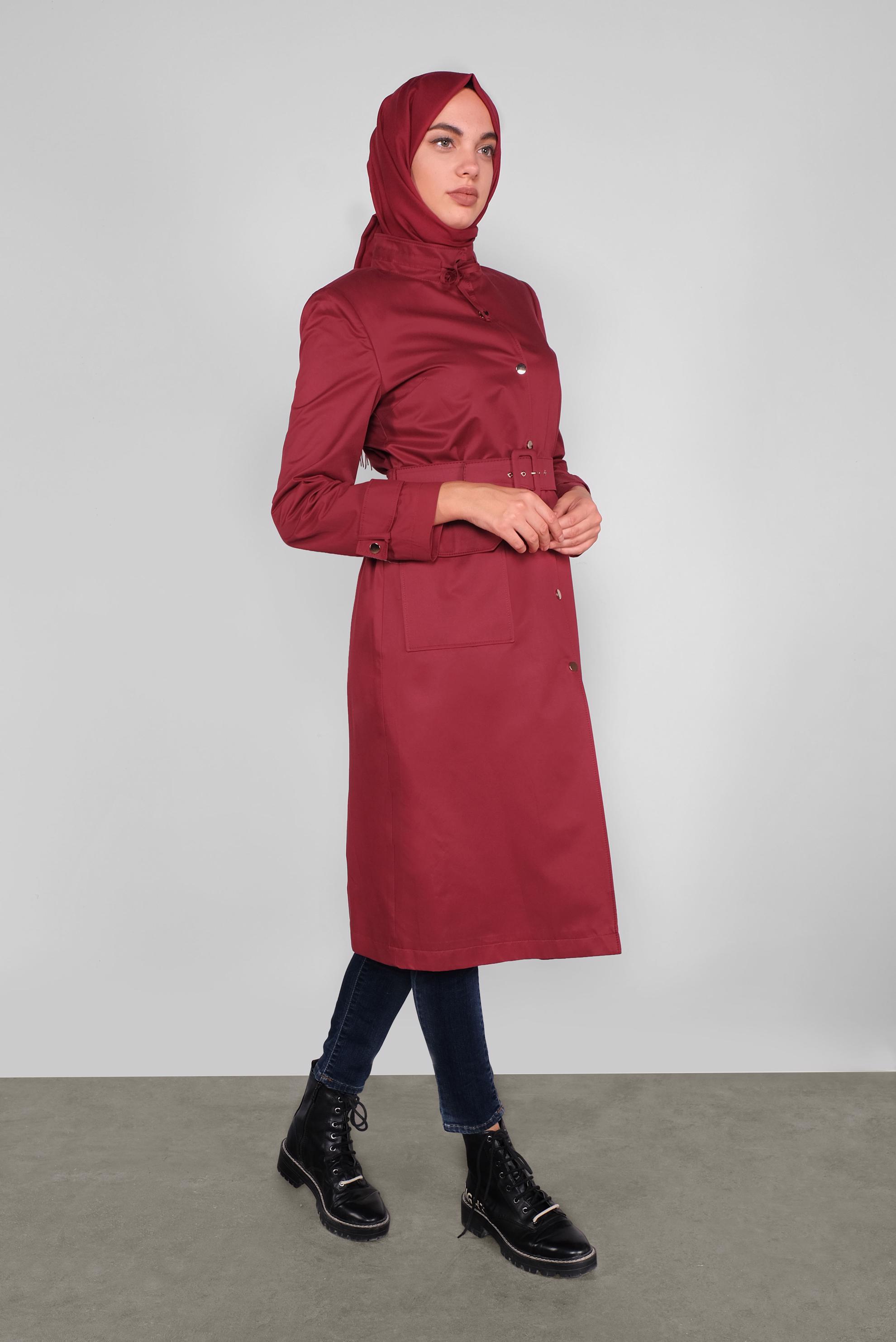 Tesettür giyim BORDO PAMUKLU KEMERLİ TRENÇKOT 10290 