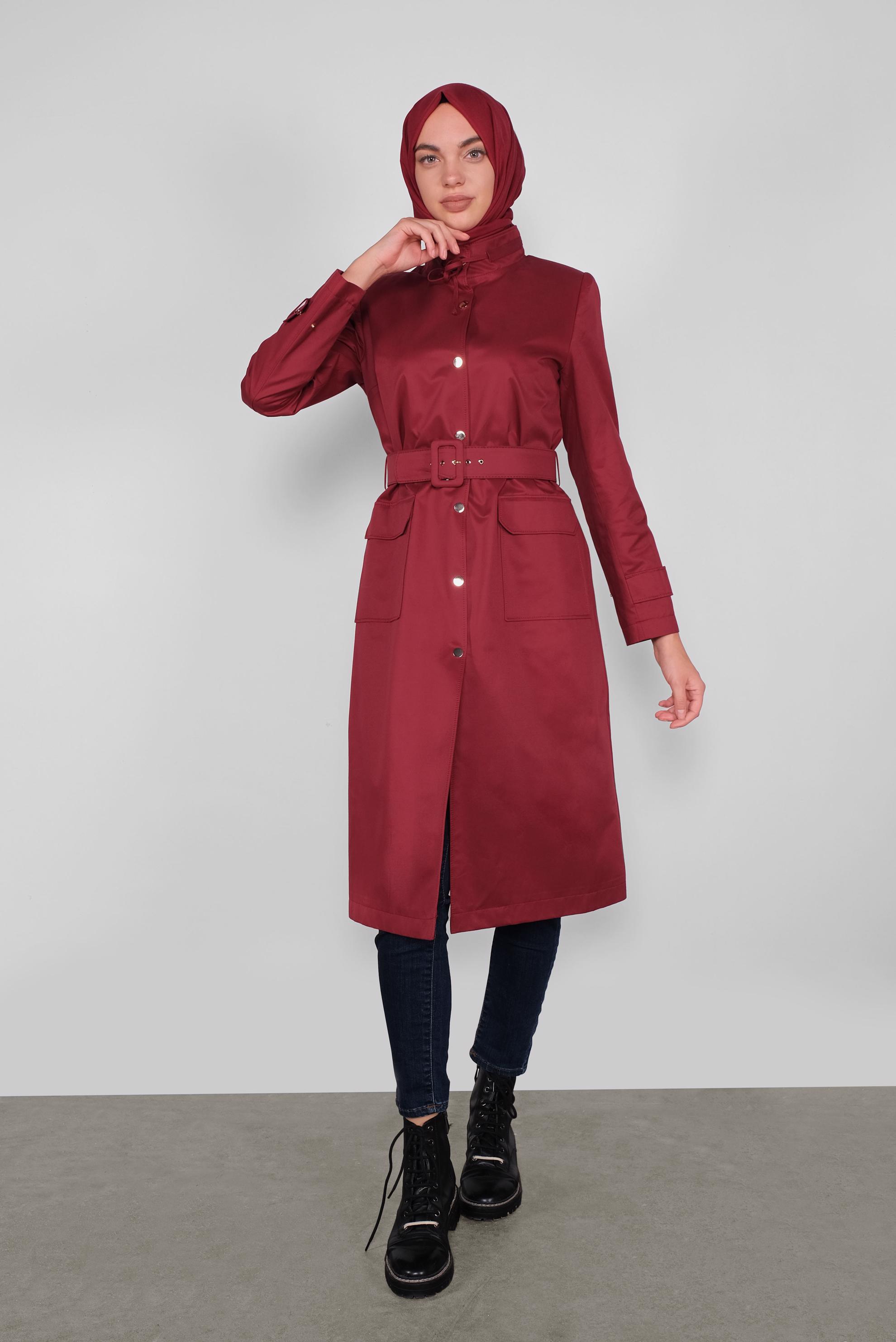 Tesettür giyim BORDO PAMUKLU KEMERLİ TRENÇKOT 10290 