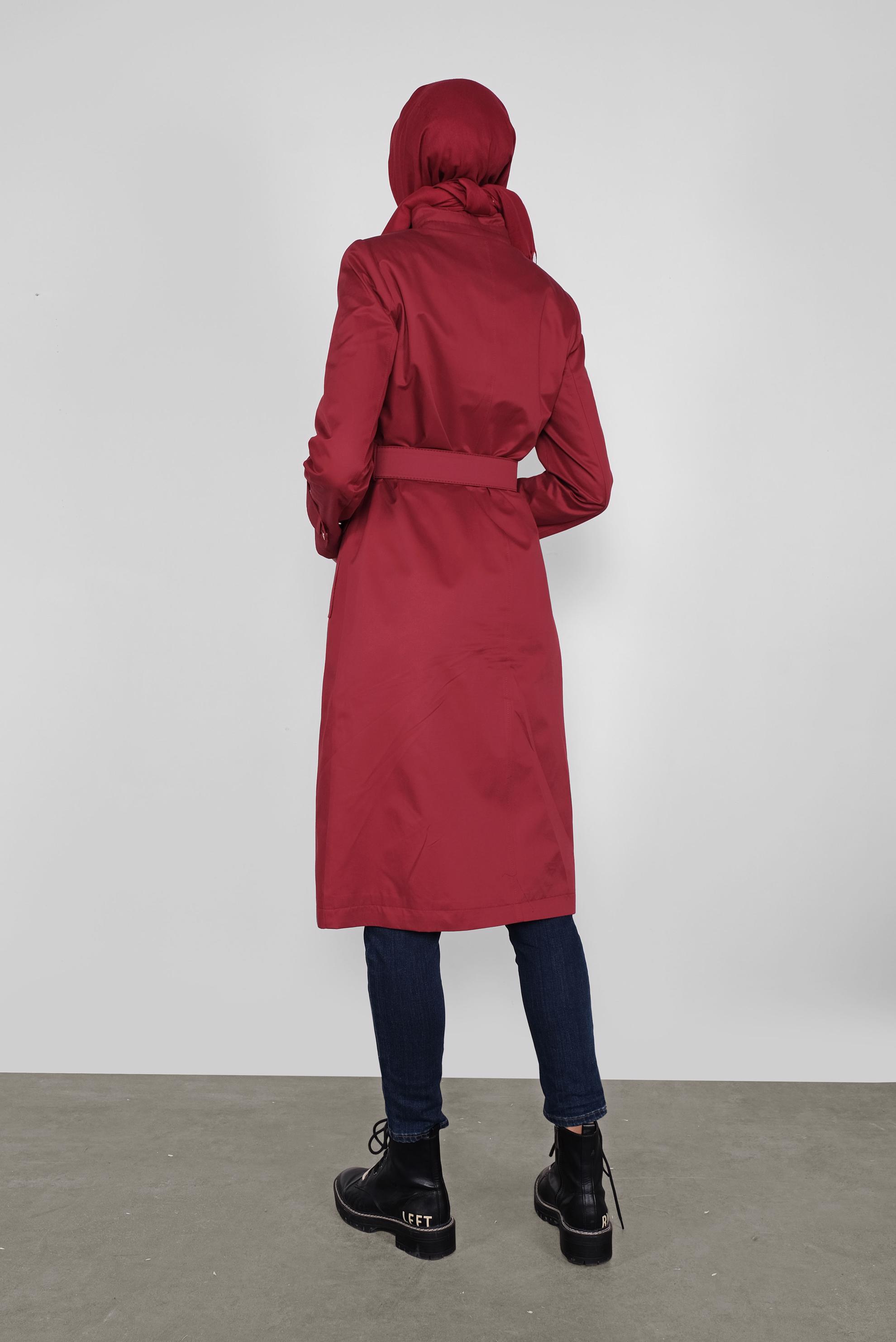 Tesettür giyim BORDO PAMUKLU KEMERLİ TRENÇKOT 10290 