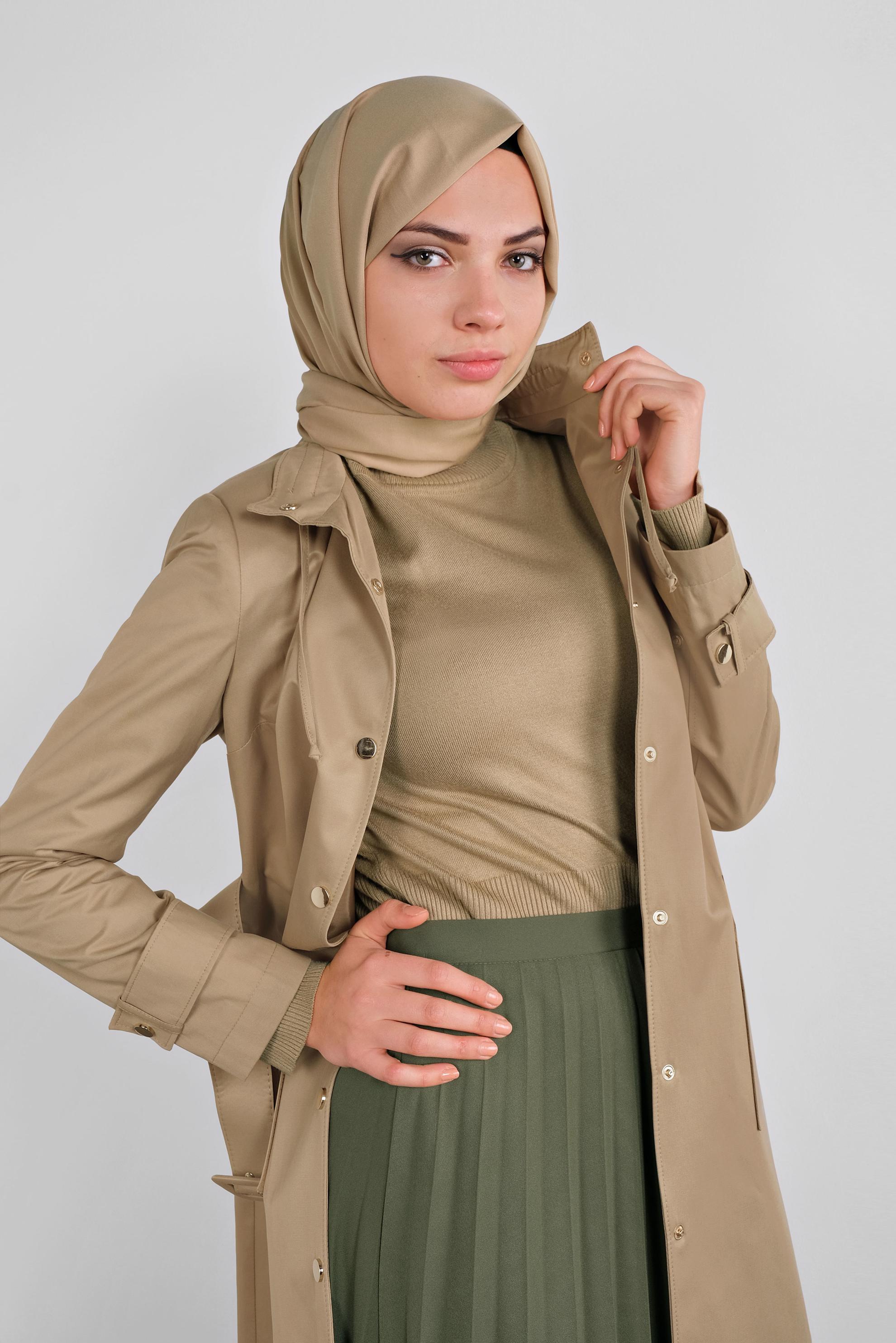 Tesettür giyim KAHVE PAMUKLU KEMERLİ TRENÇKOT 10290 