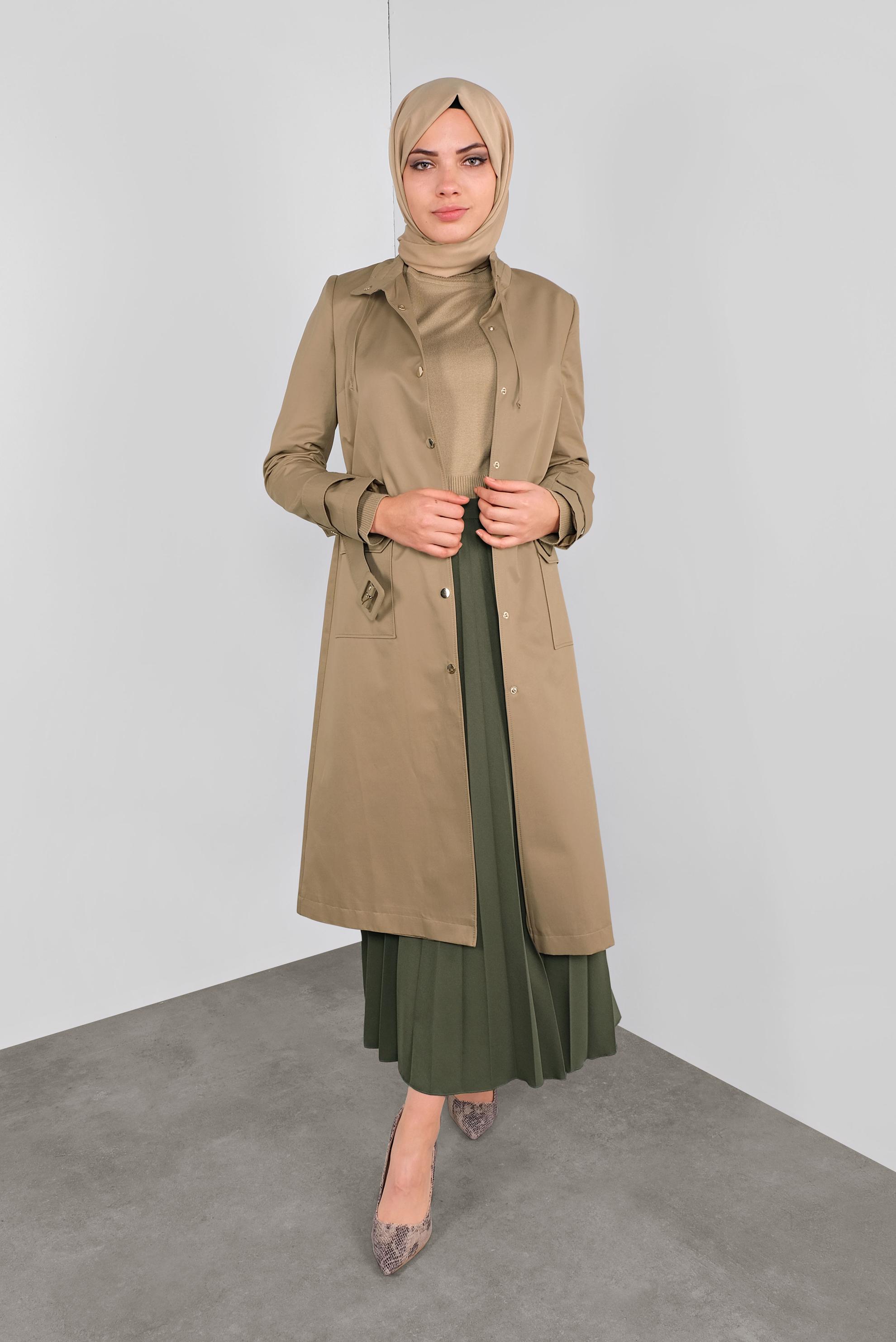 Tesettür giyim KAHVE PAMUKLU KEMERLİ TRENÇKOT 10290 
