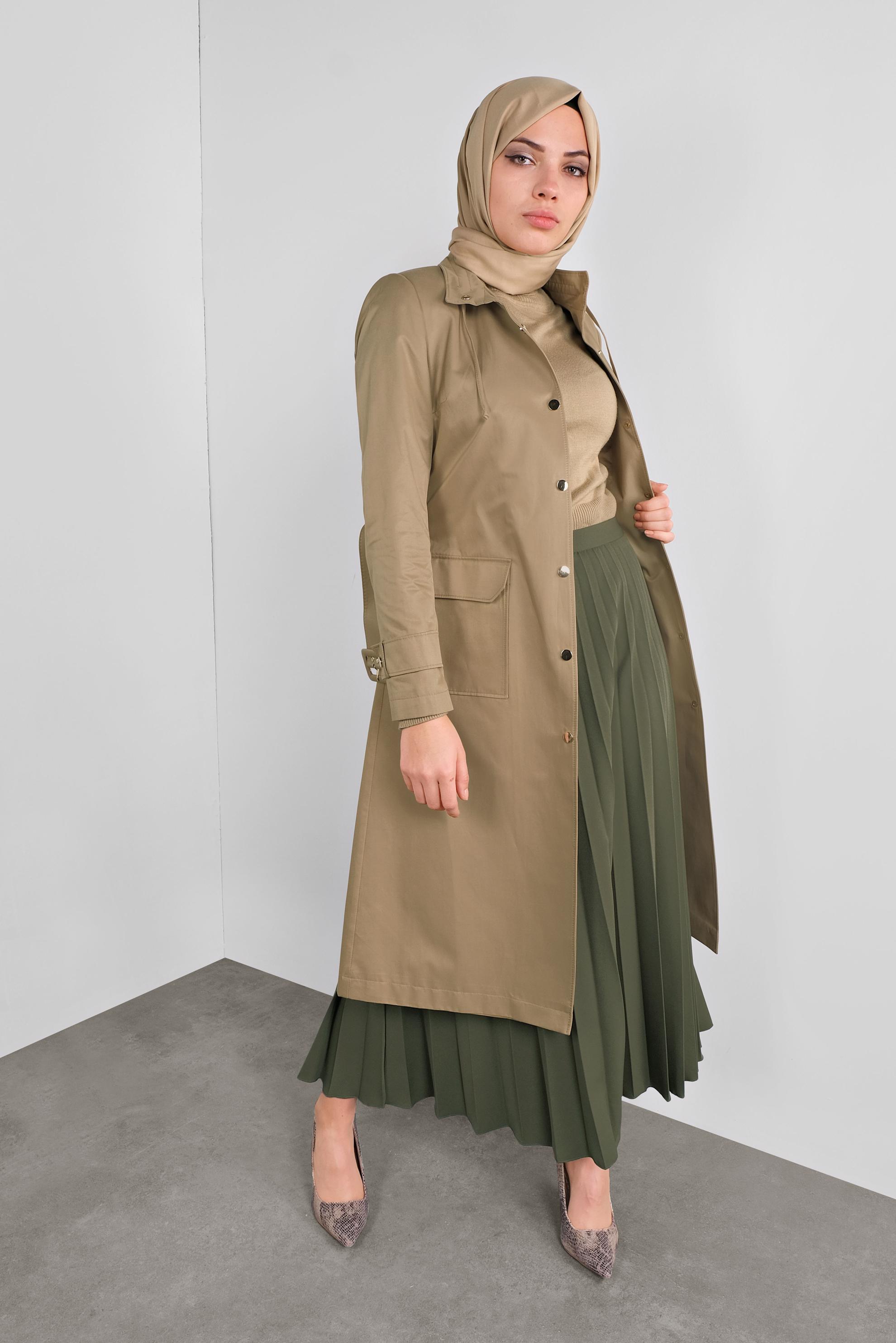 Tesettür giyim KAHVE PAMUKLU KEMERLİ TRENÇKOT 10290 
