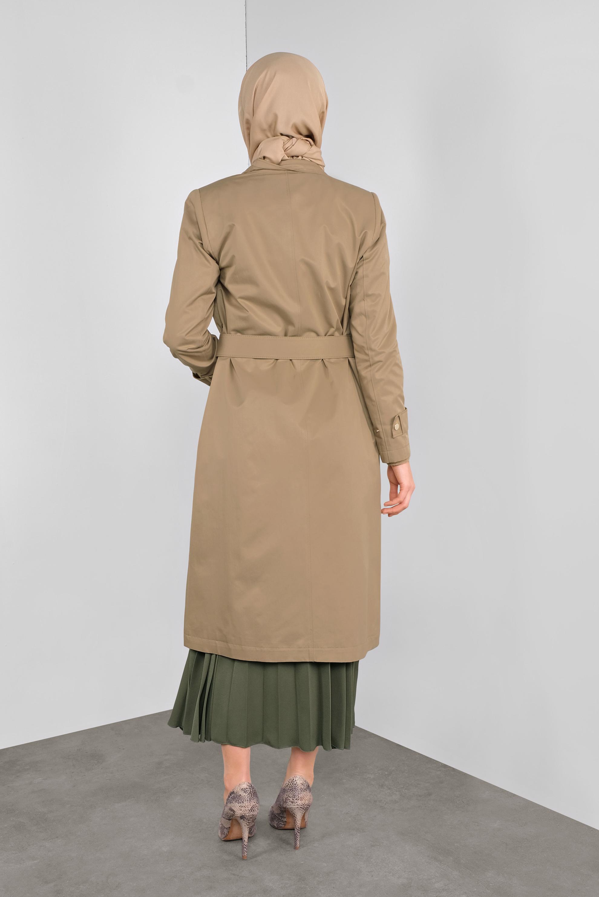 Tesettür giyim KAHVE PAMUKLU KEMERLİ TRENÇKOT 10290 