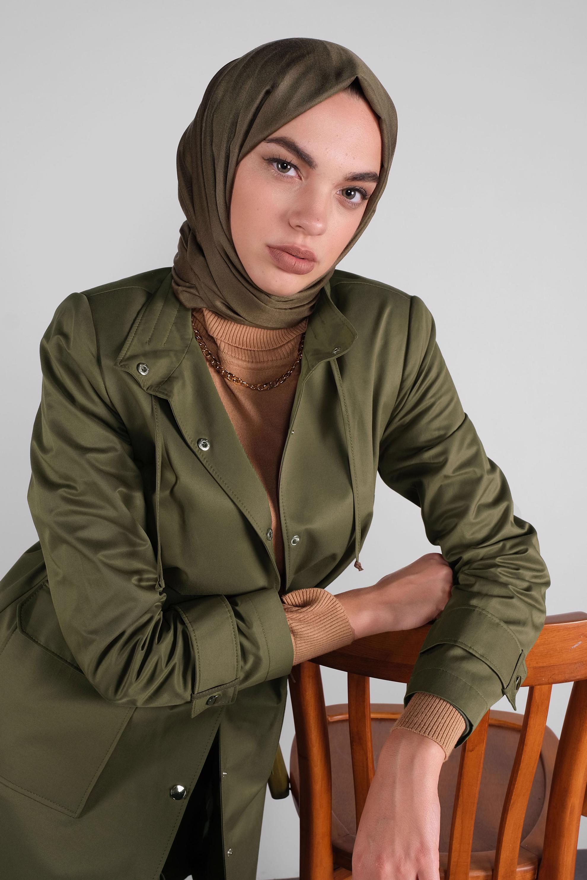 Tesettür giyim HAKİ PAMUKLU KEMERLİ TRENÇKOT 10290 