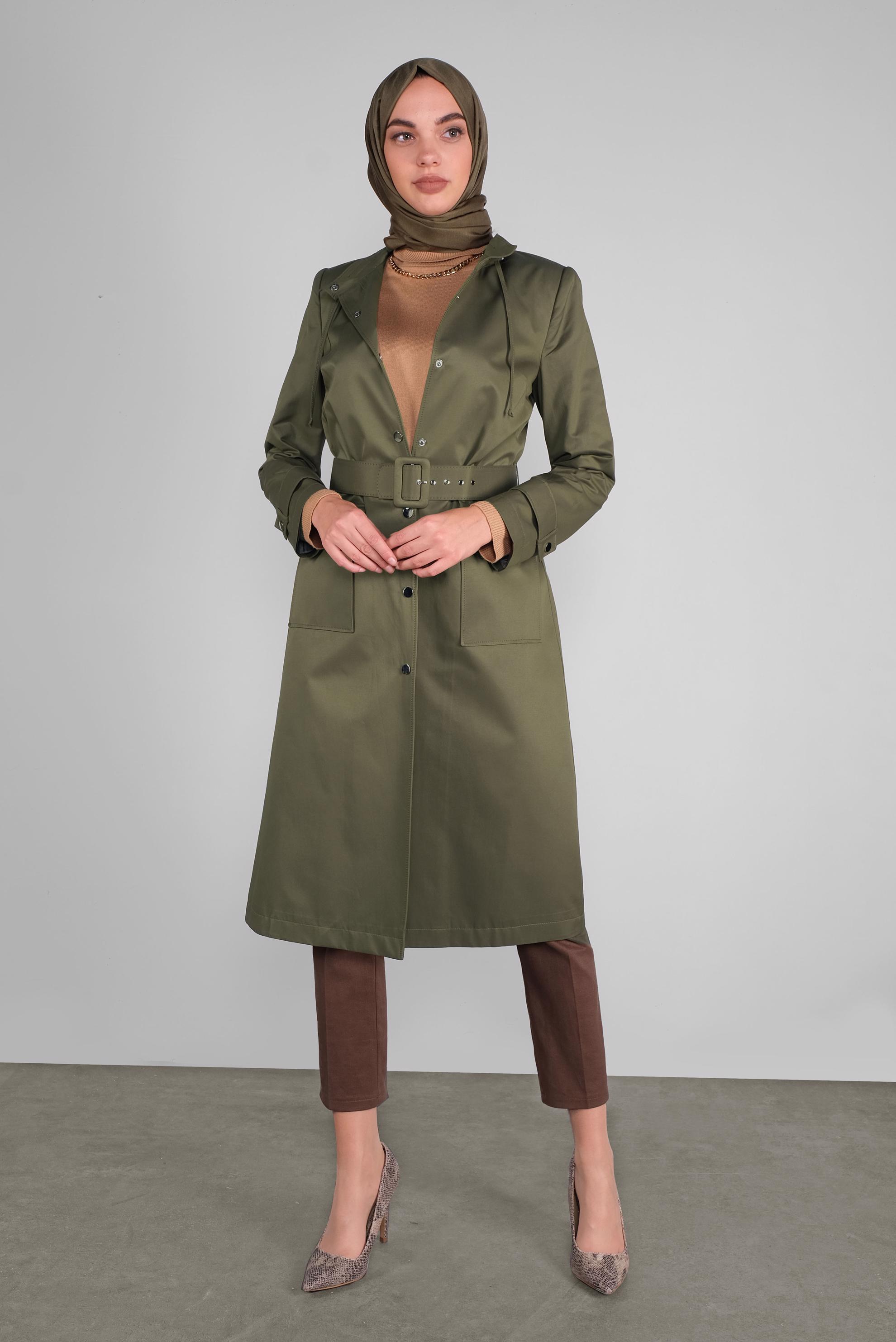 Tesettür giyim HAKİ PAMUKLU KEMERLİ TRENÇKOT 10290 