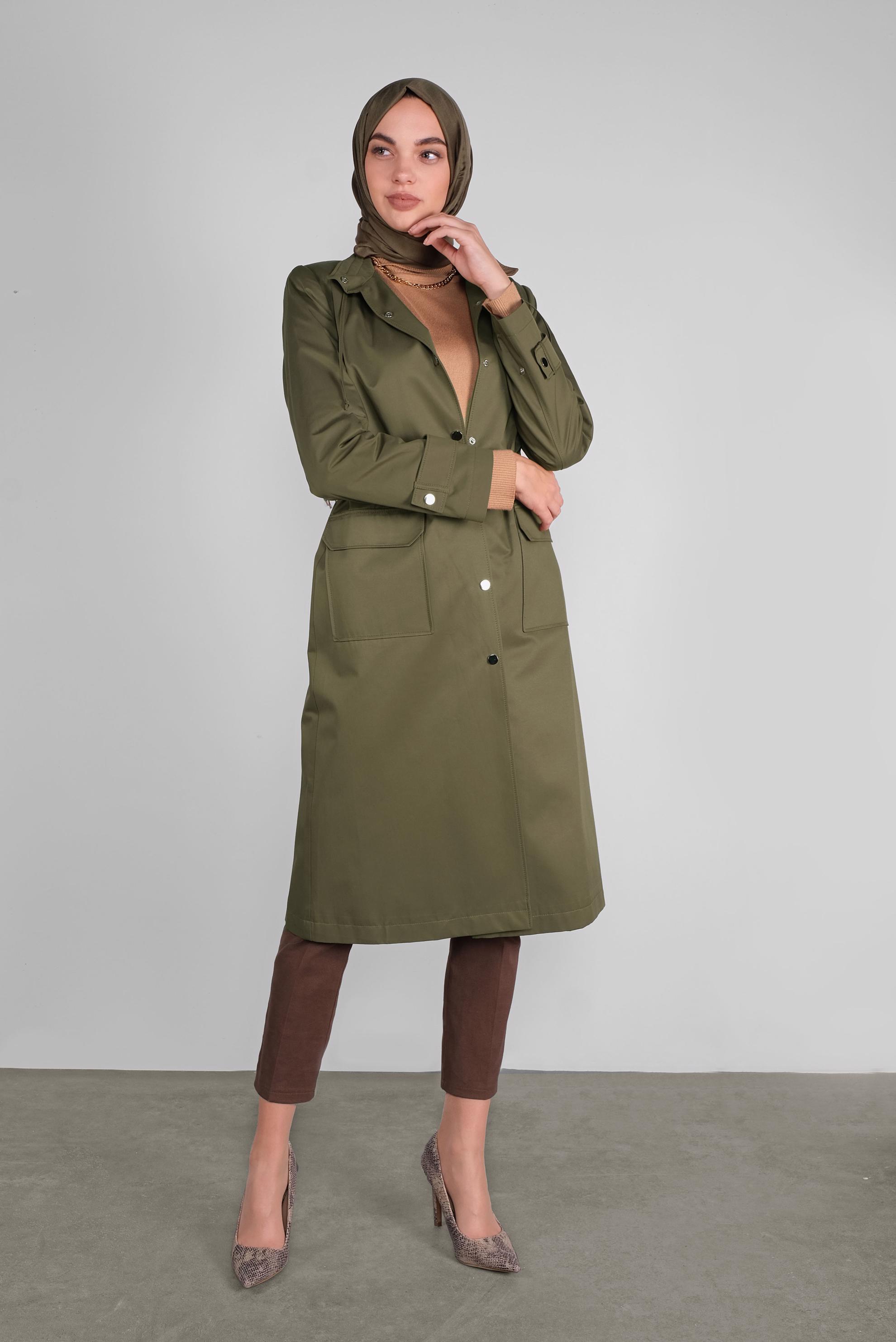 Tesettür giyim HAKİ PAMUKLU KEMERLİ TRENÇKOT 10290 