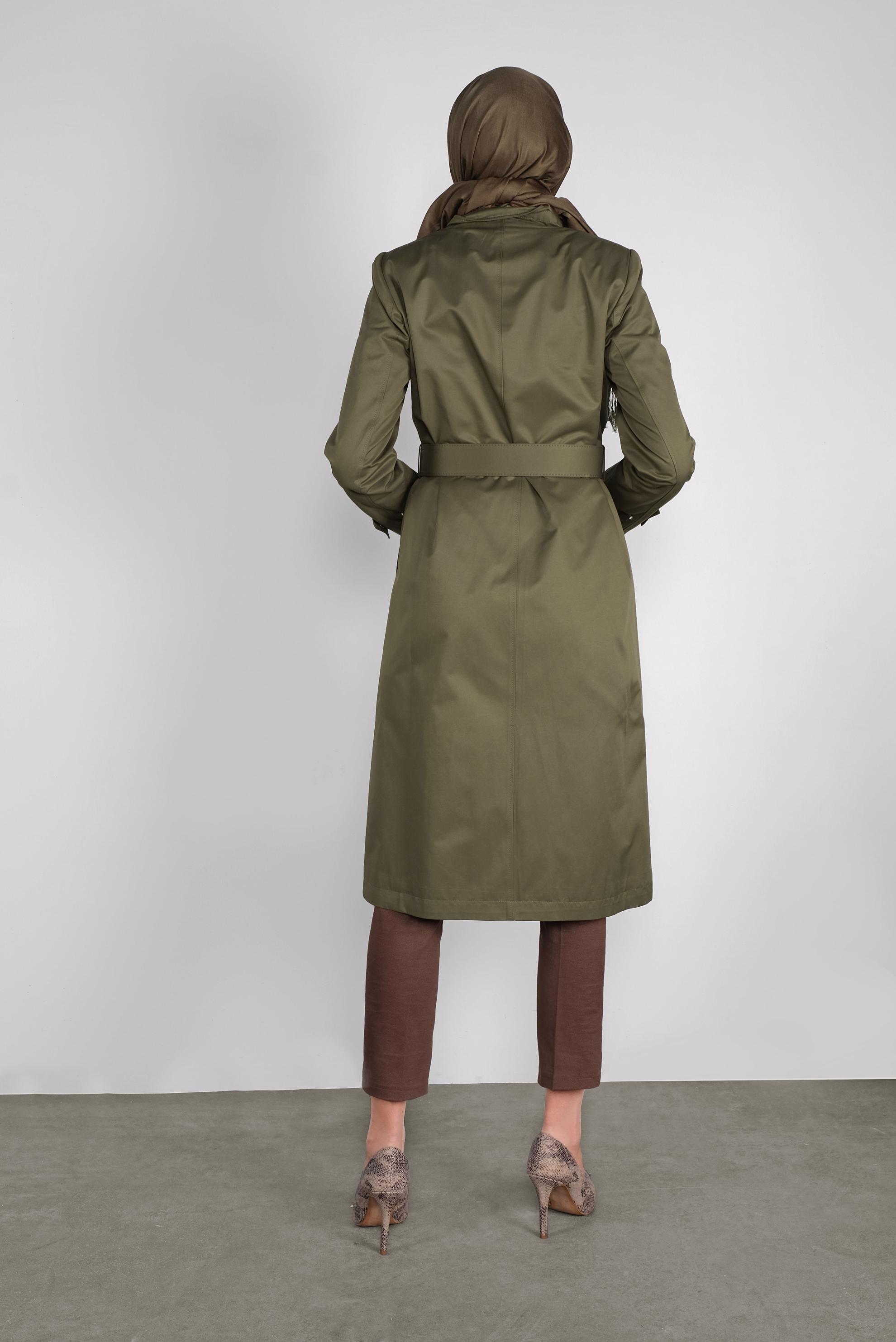 Tesettür giyim HAKİ PAMUKLU KEMERLİ TRENÇKOT 10290 