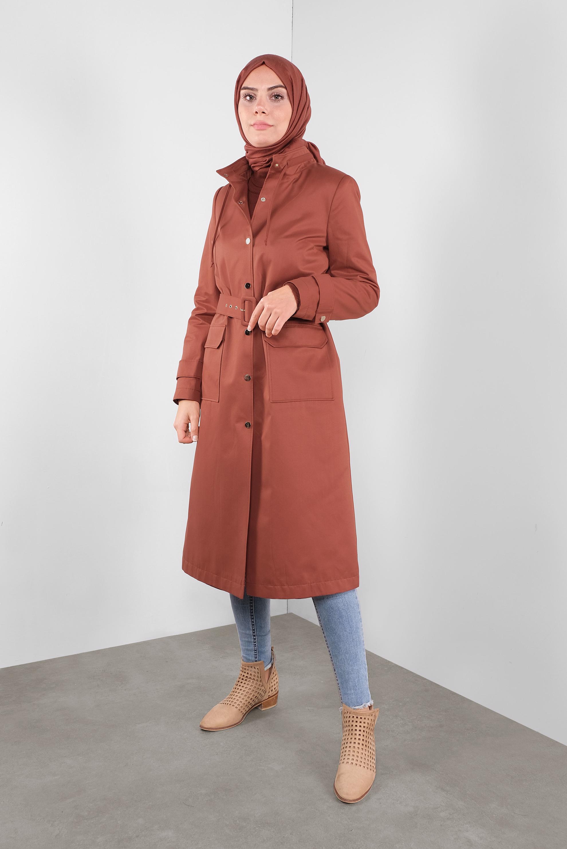 Tesettür giyim TURUNCU PAMUKLU KEMERLİ TRENÇKOT 10290 