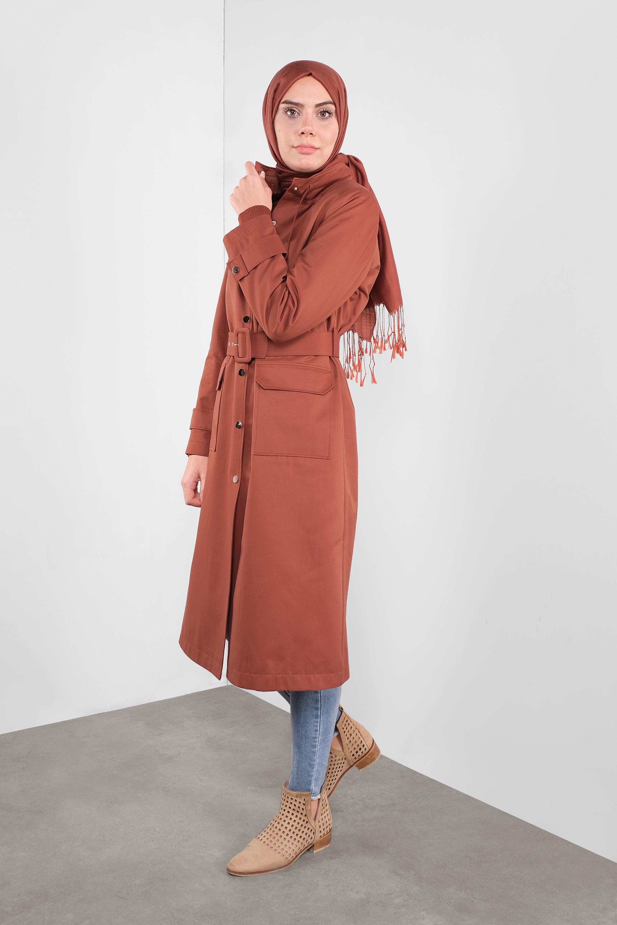 Tesettür giyim TURUNCU PAMUKLU KEMERLİ TRENÇKOT 10290 